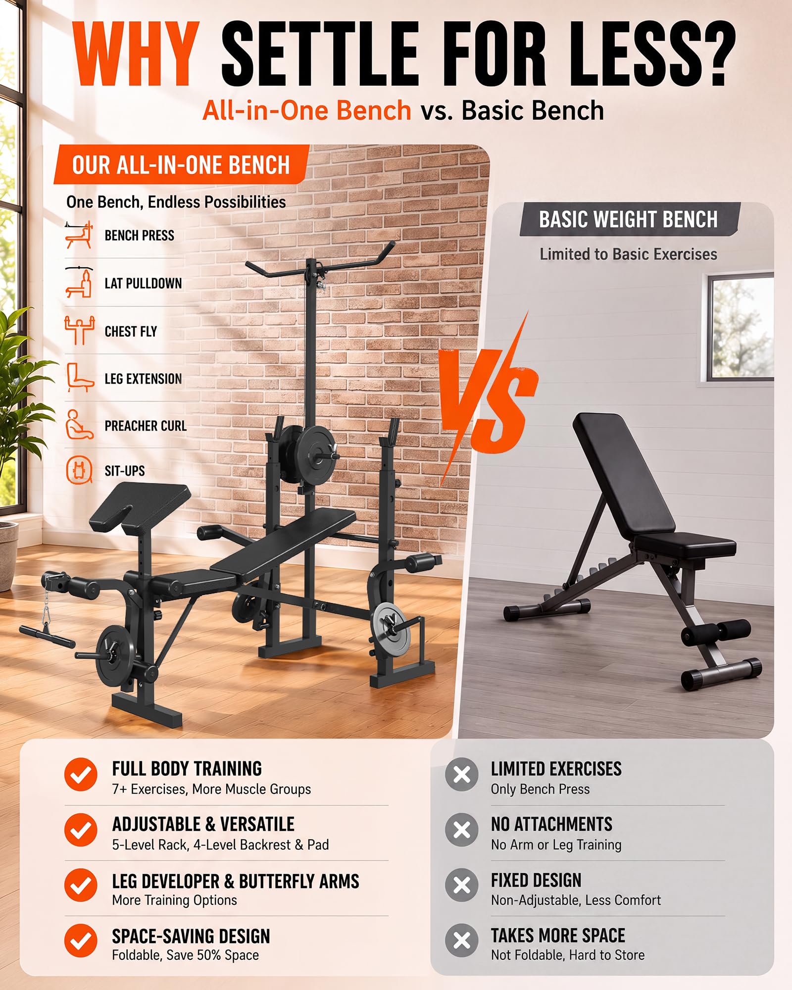 8 in 1 Adjustable Weight Bench Set, Lat Pulldown & Leg Extension Foldable Bench Press Set with Preacher Curl Pad, Chest Fly, Leg Curl, Rack, Full Body Home Gym Strength Training Equipment