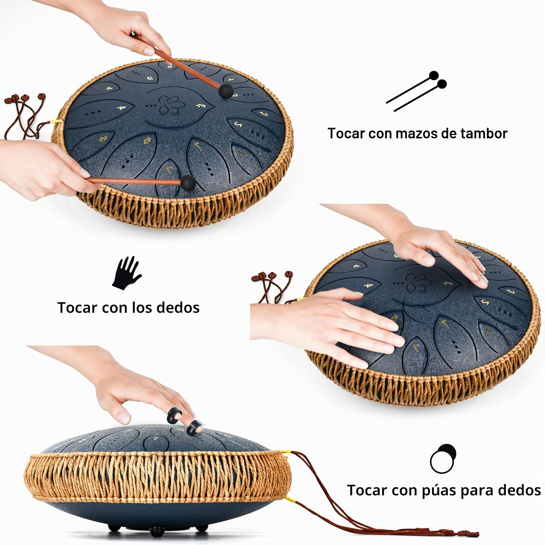 Tambor de lengua de acero de 13 pulgadas, 15 notas, tambores de mano para adultos 440 Hz, instrumento musical C Major Handpan con libro de canciones, mazos y bolsa de transporte, azul marino