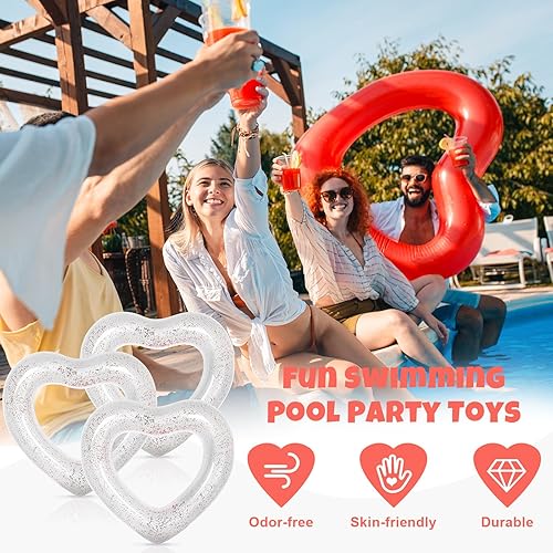 Miniatura 3 de Whaline Flotador inflable de 3 piezas para piscina con forma de corazón, flotador, tumbonas, tubo para verano, piscina, playa, despedida de soltera