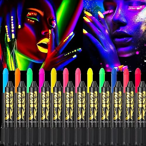 Miniatura 1 de Pintura facial de 12 colores que brillan en la luz negra para niños y adultos, crayones brillantes con luz negra UV, kit de maquillaje fluorescente