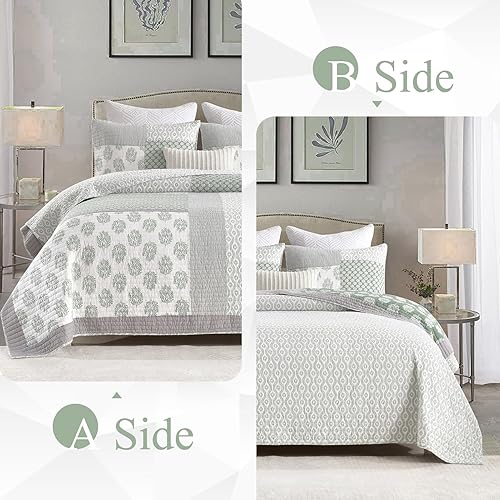 Miniatura 2 de Finlonte Juego de edredón de algodón tamaño Queen, colcha floral de retazos reales para cama queen, verde grisáceo, gris, blanco, ligero,
