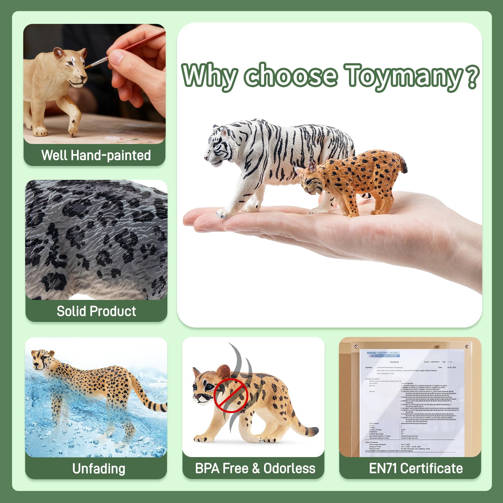 TOYMANY Zestaw 12 figurek zwierząt dżungli i pień drzewa, realistyczne figurki lwów, tygrysów i figurek jaguara, figurki zwierząt z dżungli zoo dla dzieci