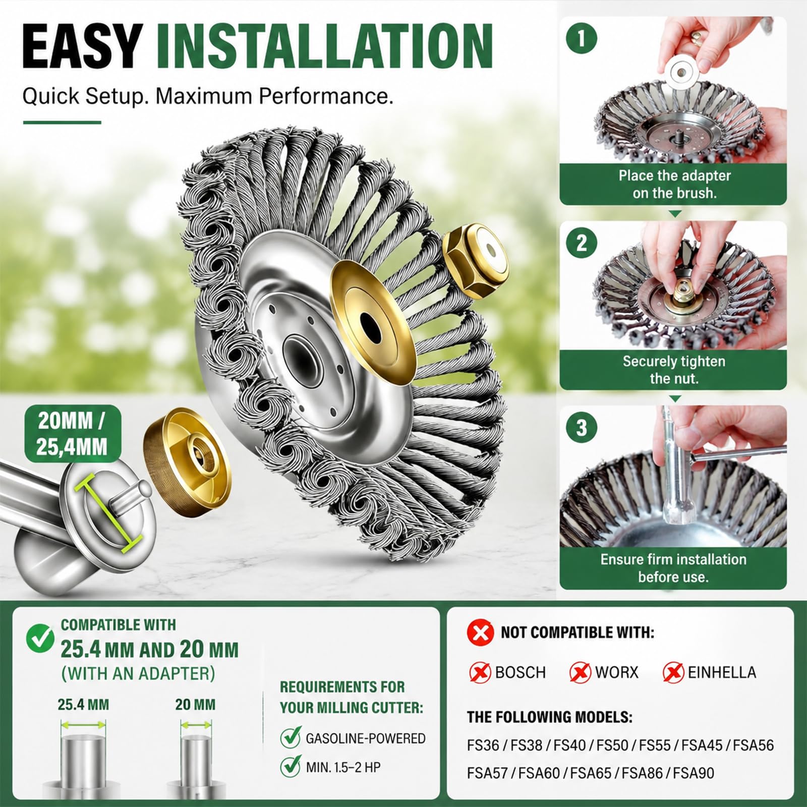 Unkrautbürste für Freischneider - 150mm und 200mm Wildkrautbürste Set mit 25,4mm Bohrung - universelle Fugenbürste passend für Motorsense Rasentrimmer und gängige Motorsensen Zubehör