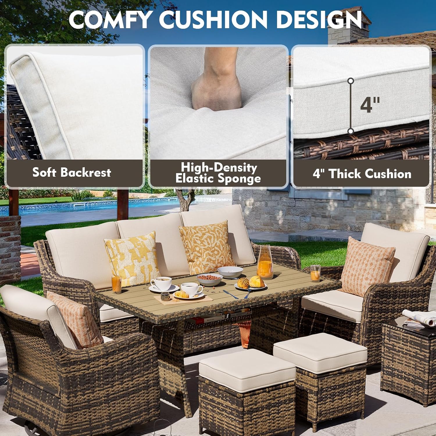 MEISSALIVVE 7 Pieces Patio Furniture Set with Swivel Chairs, Wicker Patio Conversation Set, Outdoor Patio Set with 2 Swivel Rocking Chair & Sofa, 2 Ottomans and Dining Table (Brown)