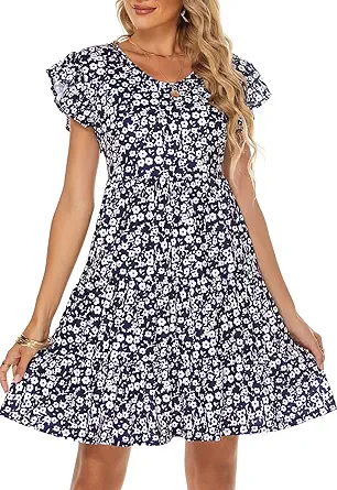 Lyrur Sundresses for Women Wedding Guest Cute Ruffle Sleeve Mini Tiered Babydoll Casual Beach Black Summer Dresses