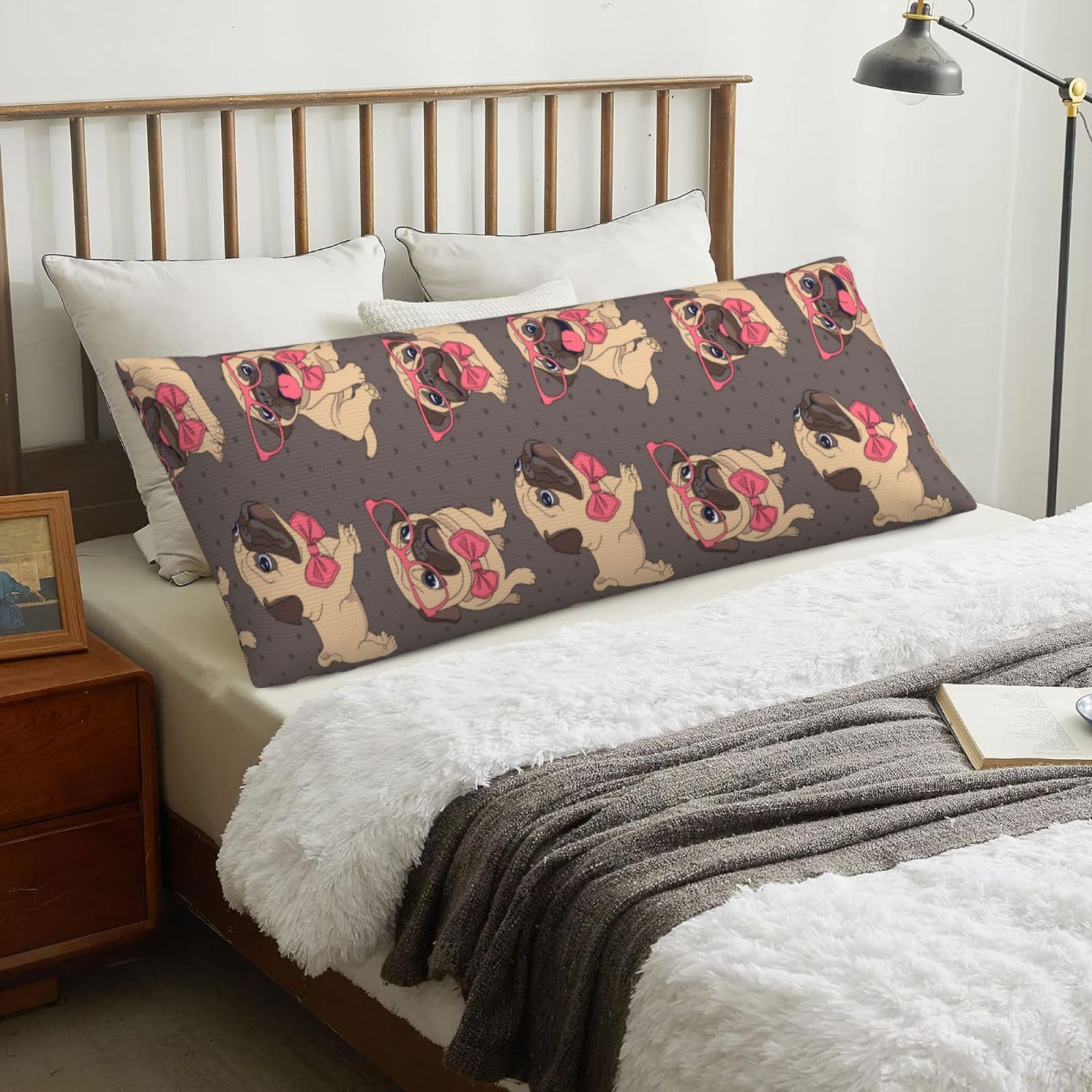 Cartoon Pug Puppy In A Glasses And In A Bow Tie, Body Pillow Cover with Zipper,Long Body Pillowcase 20 x 60 in