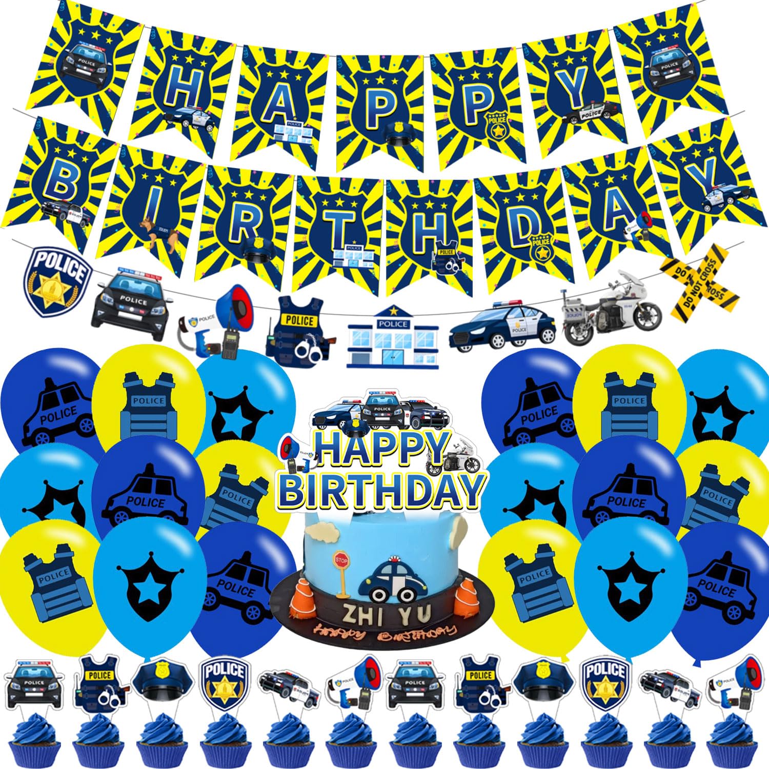 Police Party Supplies Decorations, Police Officer and Car Theme Birthday Party Supplies Includes happy birthday banner, cake toppers Ideal for Police officer and Police car and motorcycle party decor