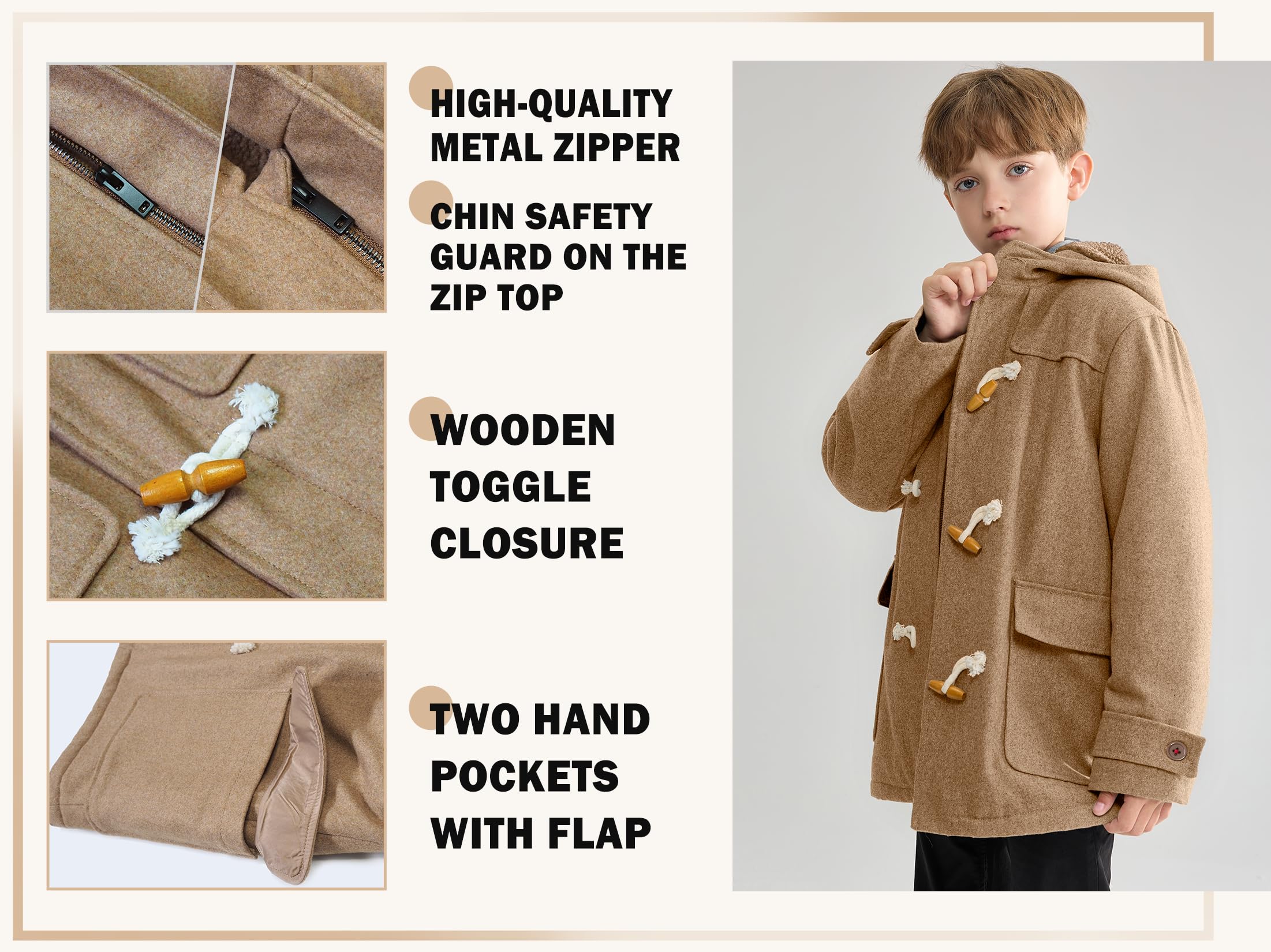 maoo garden Manteau en Laine pour Garçons Veste de sport Doublée Sherpa Lourde d'hiver pour Enfants Manteau Habillé Trench à Capuche