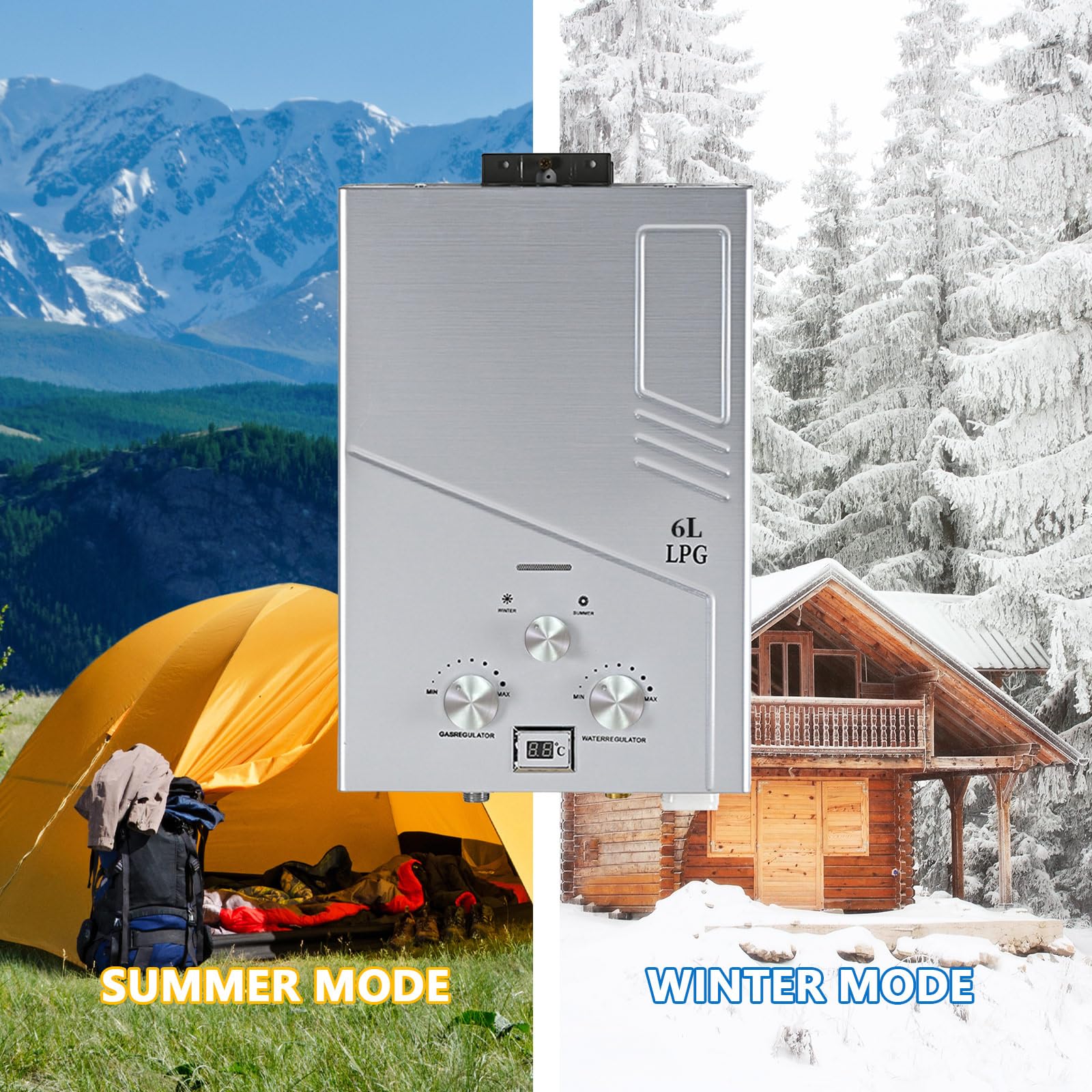 Chauffe-Eau à Gaz Instantané 6L, Chauffe-eau Instantané 12KW GPL avec Pommeau de Douche,Chauffe-eau à Gaz pour Maison Camping Caravane (6L)