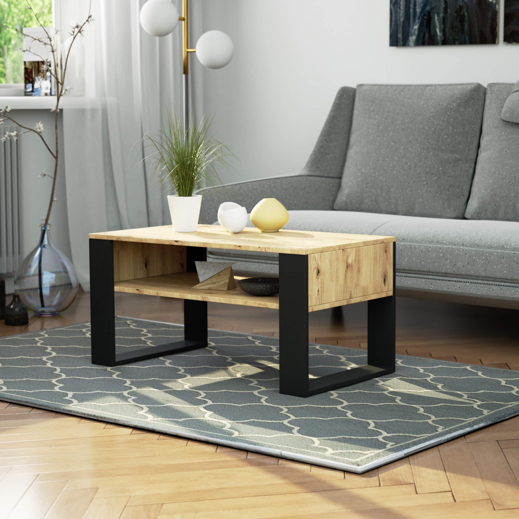 AKORD | Tavolino da Salotto in Legno - DOMI | Tavolo da Caffè con gambe un Ripiano | Coffee Table | Tavolini Basso Moderno | Arredamento Casa | 92 x 45 x 53 cm | Rovere Artigianale & Nero Frontale