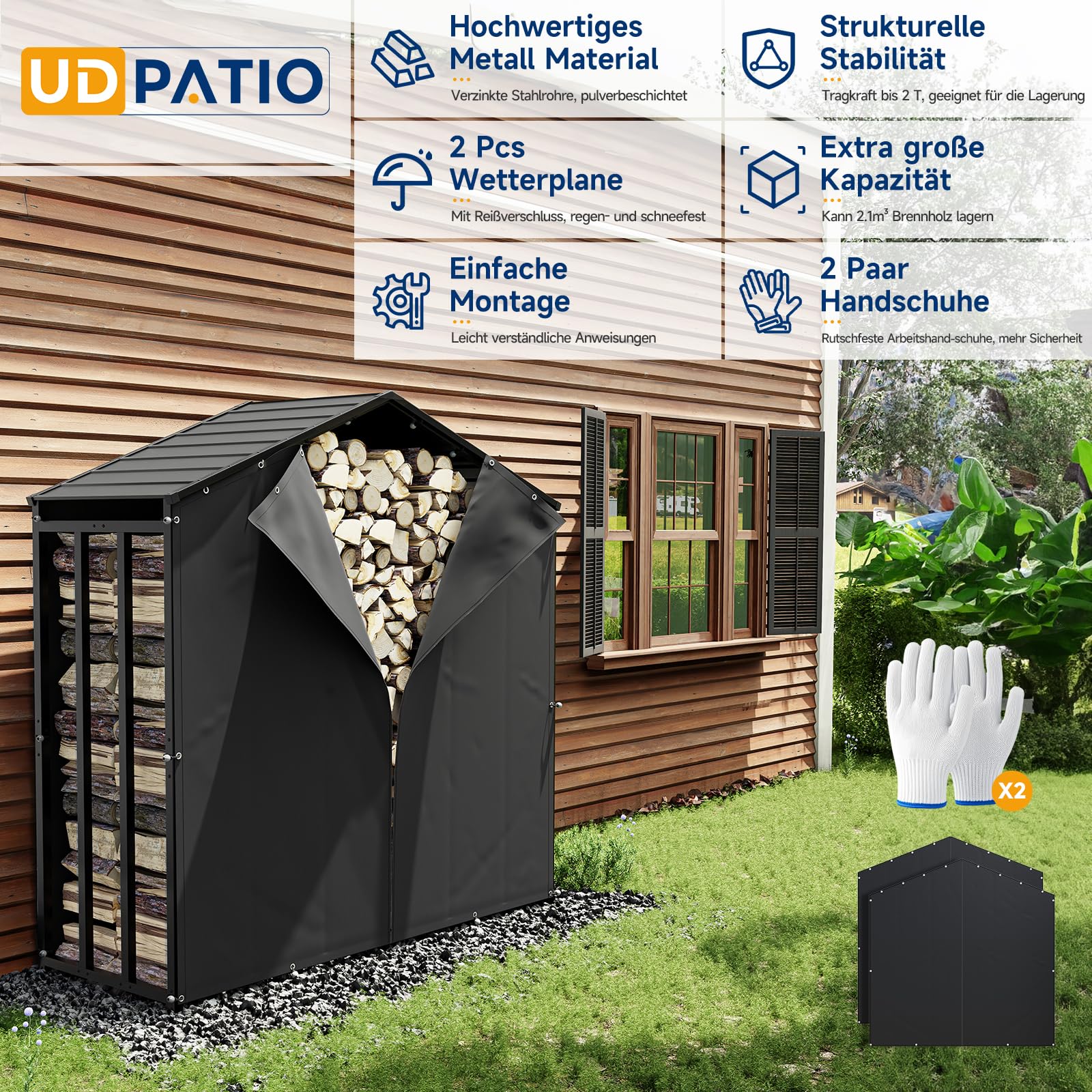 UDPATIO Metall Kaminholzregal Anthrazit 185 x 70 x 190 cm / 2,1m³ mit Metall Dach – Wetterfest, mit UV-Beständiger Plane, Stapelhilfe Kaminholzlage Holzlager für Garten Terrasse