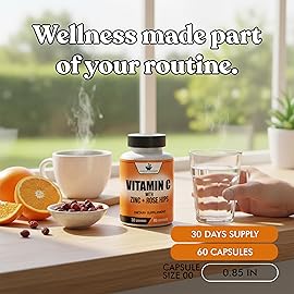 American Standard Supplements Vitamin C 2000mg, Zinc 40mg, and Rose HIPS 50mg Per Serving - Vegan, Gluten Free, Non-GMO (60 Count)