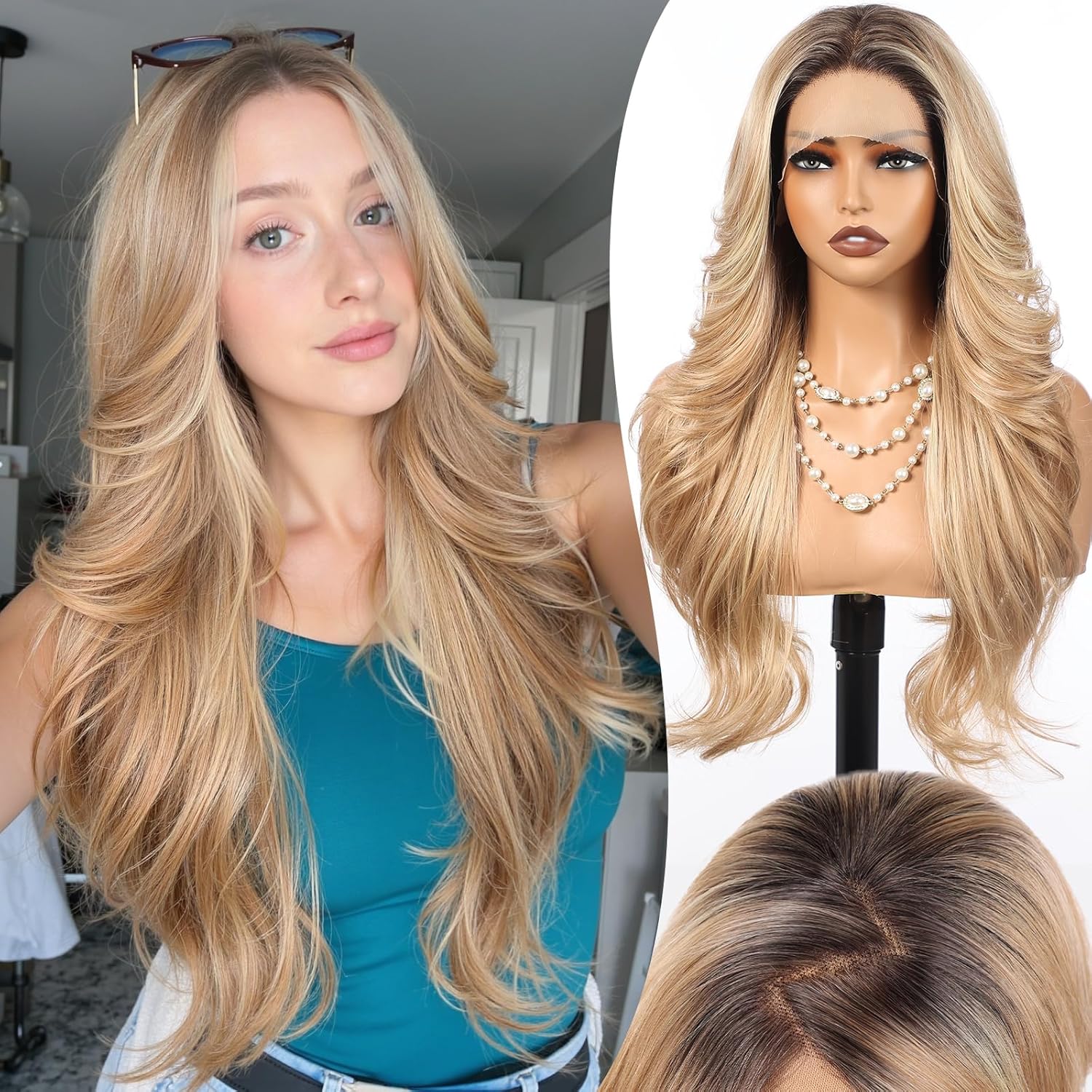 13x4 HD Lace Front Synthetic Wig for Women 26 Inch,Heat Resistant Long Wave Layered, Glueless Lace Front Wigs, Easy to Wear & Style（Ash Blonde Highlight）