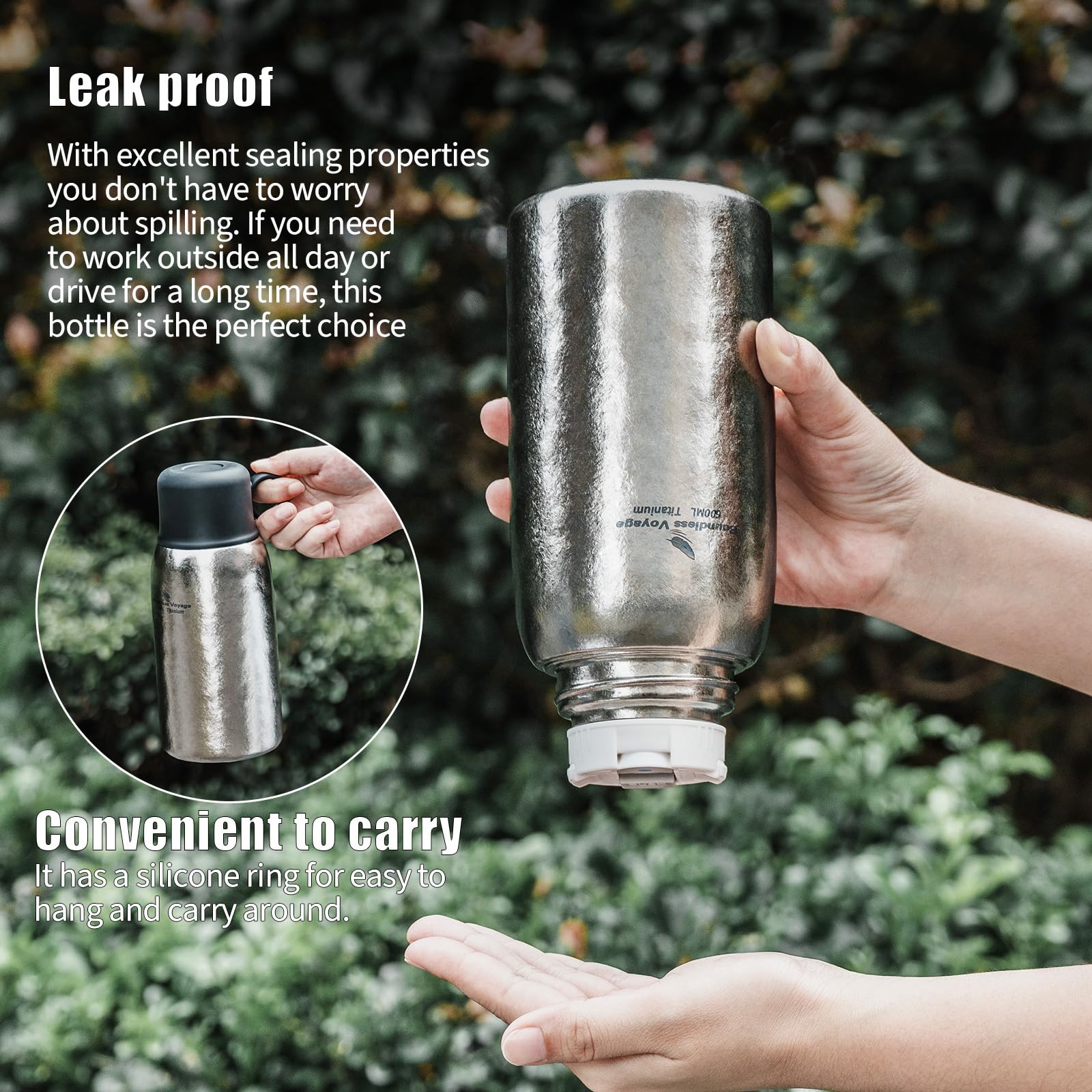 iBasingo 600ml Titan Trinkflasche Vakuum Wasserflasche Auslaufsicher Doppelwandige Kaffee Tee Flasche mit Becher & Strohhalm Leicht Halten Sie Heiß & Kalt Trinkbecher Outdoor Reisen Büro Ti3254D