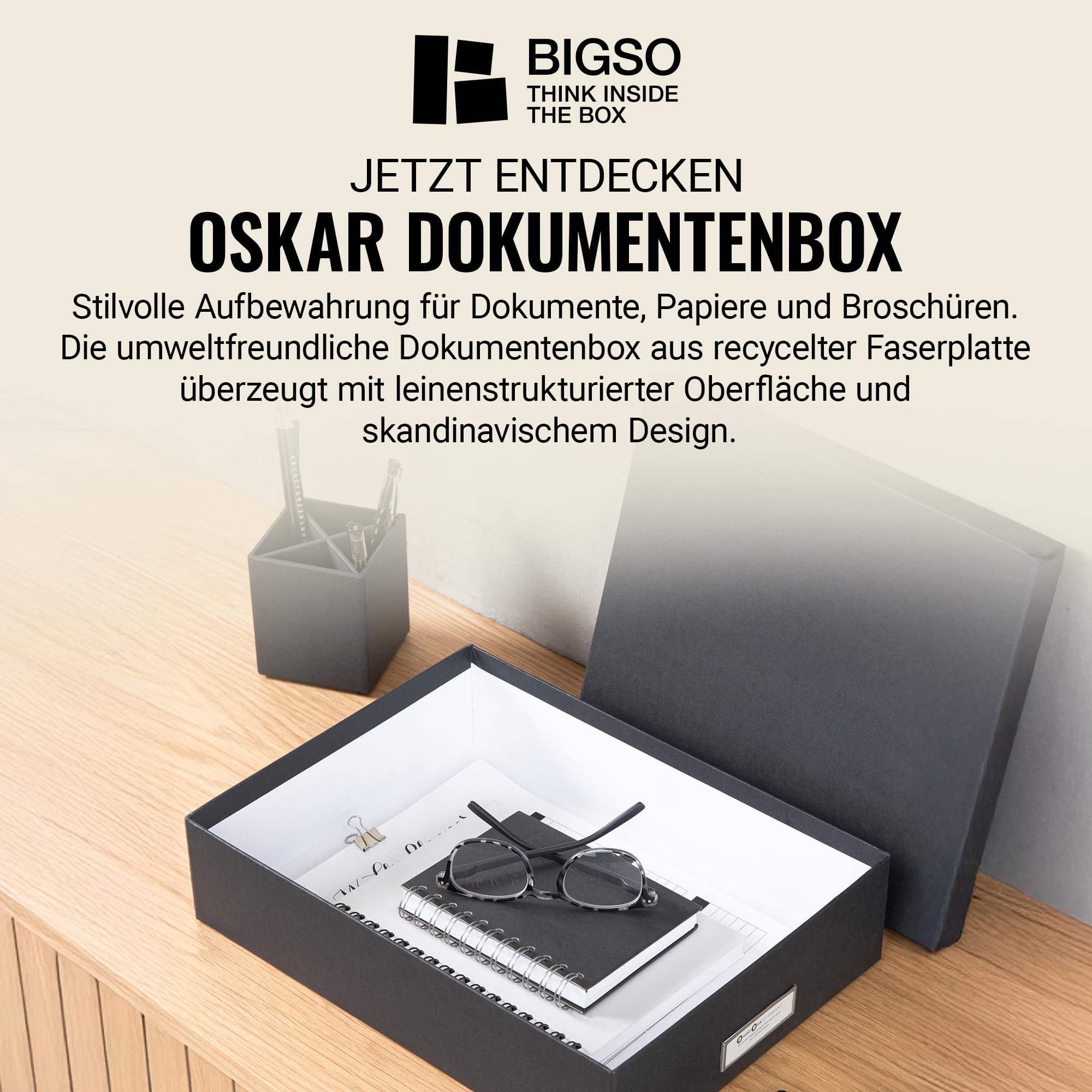 BIGSO BOX OF SWEDEN OSKAR Pudełko na dokumenty A4, broszury itd. – półka na biurko z pokrywką i uchwytem – pudełko do przechowywania z płyty pilśniowej i papieru – czarne