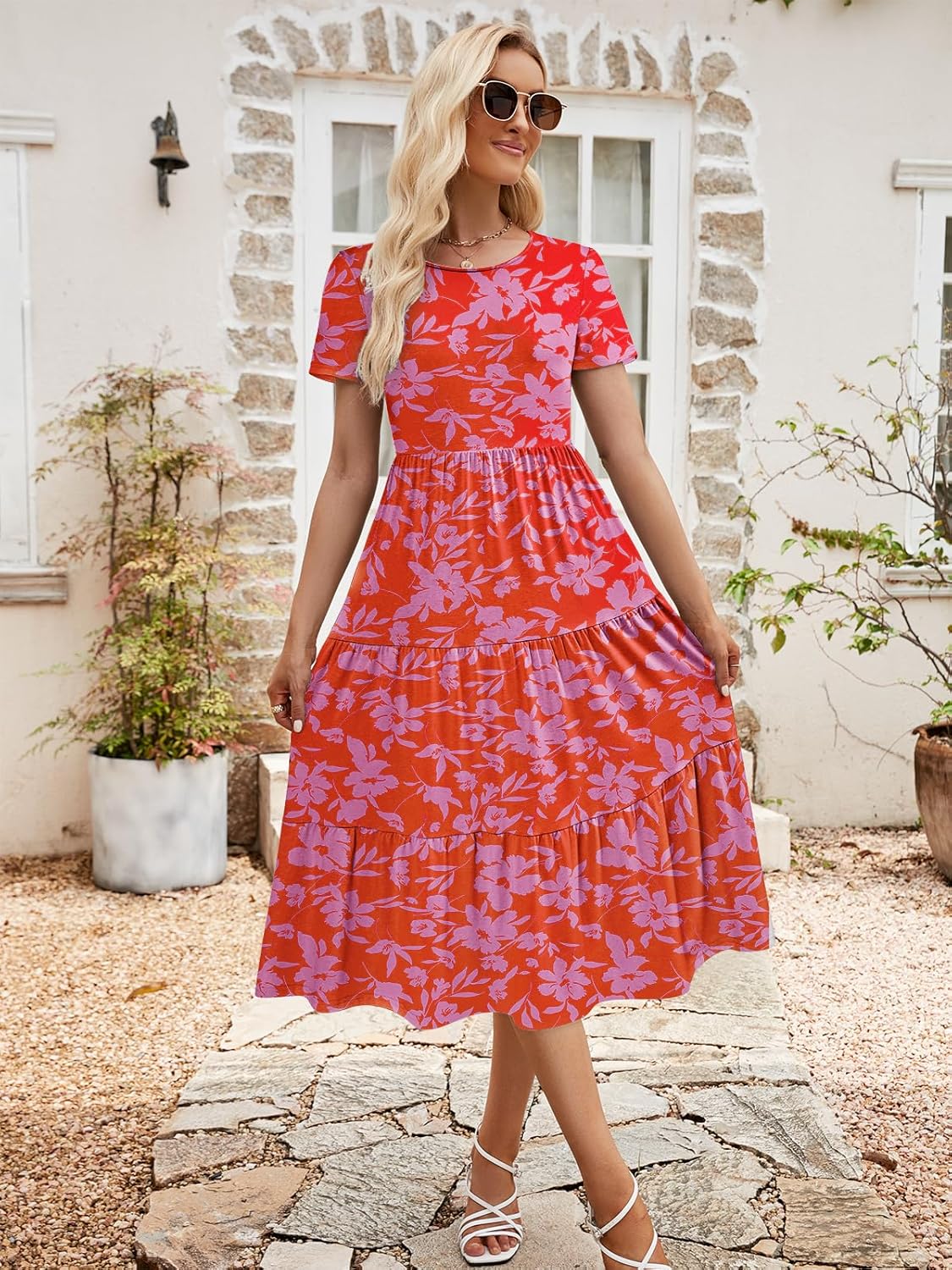 Sureple Spring Round Neck T Shirt Dress for Women Short Sleeve Midi Length,Swing Tiered Bobydoll Dresses with Pockets