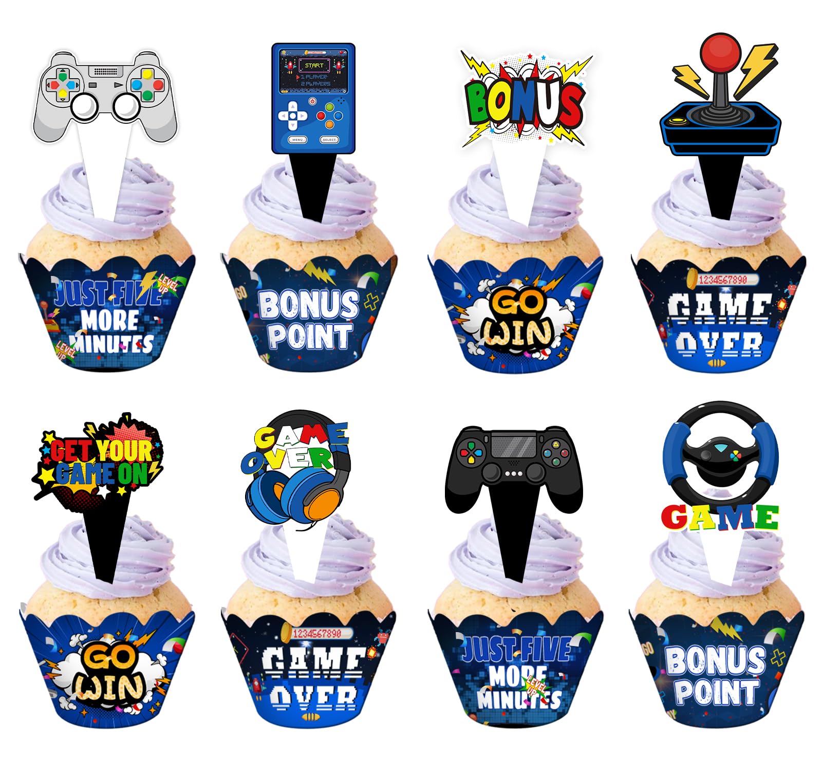 48Pcs Video Game Cupcake Topper | Gaming Game on Controllers Cupcake Picks | Gamer Birthday Anniversary Party