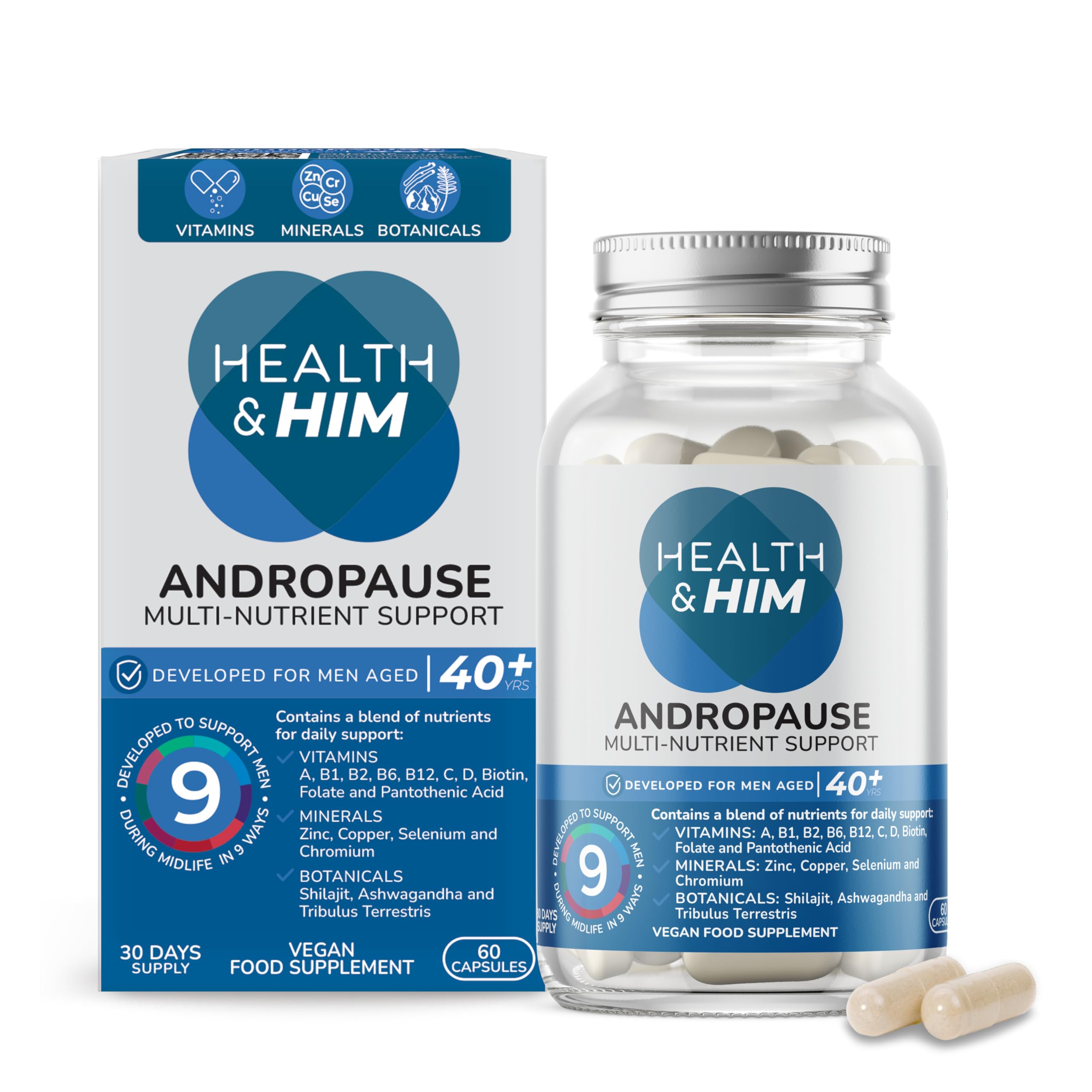 Health & Him Andropause 40+ Supplements for Men - with Zinc, Shilajit & Ashwagandha - Vegan, Gluten-Free. Mens Multivitamin - 60 Capsules