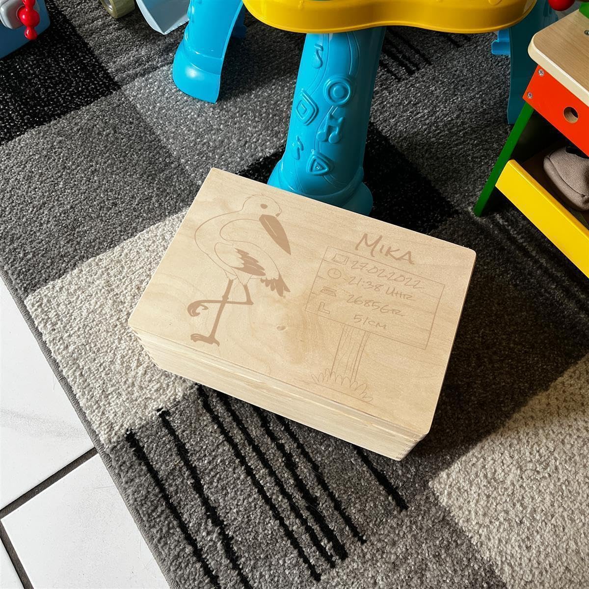 Scatola dei ricordi personalizzata per neonati e bambini con incisione cicogna – Scatola in legno per bei ricordi – Scatola in legno 30 x 20 x 14 cm