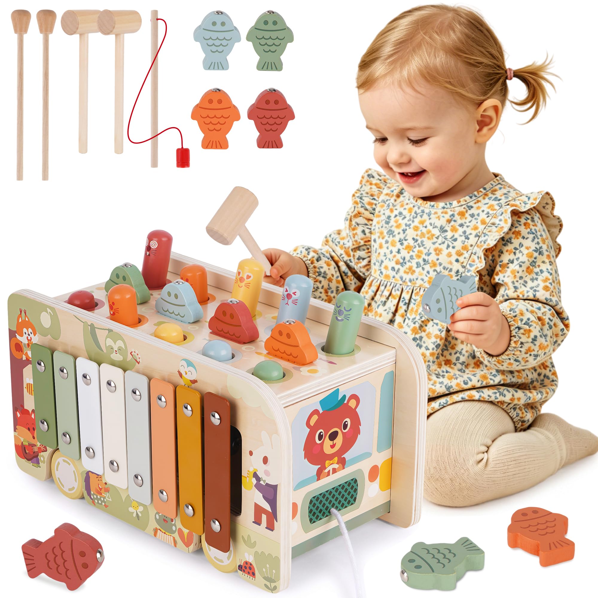 Montessori Toys for 1 Year Old, Wooden Hammering Pounding Toy with Xylophone, Fishing Game, Whack a Mole Game, Toddler Learning Toys for 1 2 3 Year Old Baby Girls Boys Christmas Birthday Gifts