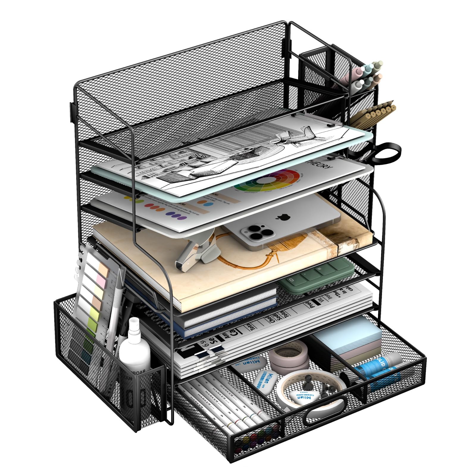 Schreibtisch-Organizer mit 7 Ebenen, Büroaufbewahrung, Schreibtischzubehör, Schreibtisch-Organizer für Bürobedarf mit Schublade und 2 Stifthaltern (schwarz)