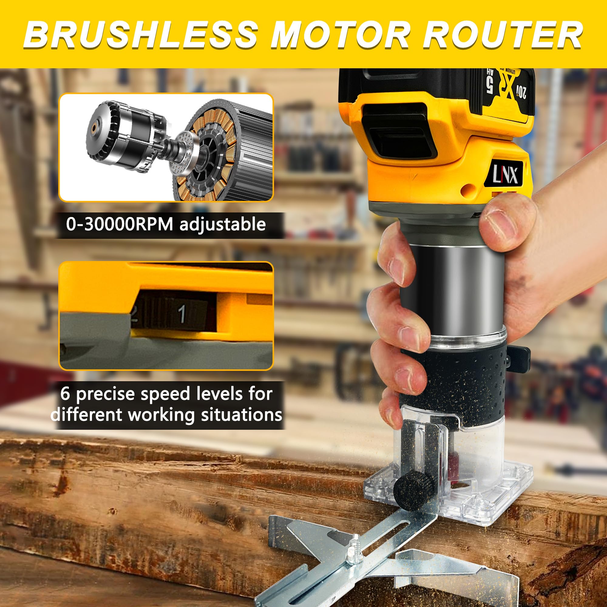Router de madera inalámbrico de 800 W compatible con batería Dewalt de 20 V, L1NXIXI 30000 RPM sin escobillas para acoplar 15 brocas de enrutador de 0.25 pulgadas, enrutador de corte manual de 6