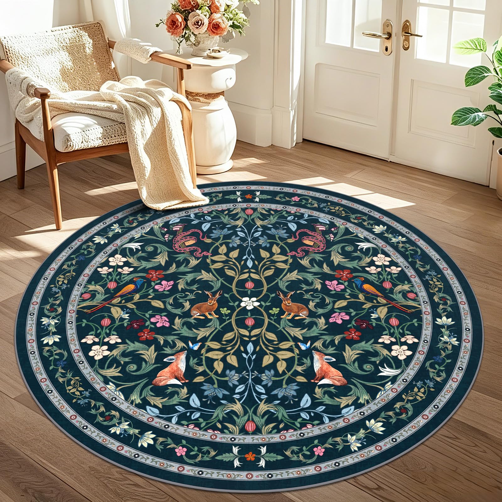 TUKDAK Round Rugs for Living Room 120cm, Blue Animal Washable Circle Rugs for Bedroom, Boho Forest Floral Non Slip Non Shedding Soft Low Pile Circular Carpet for Kids Room Kitchen Office Dining Room