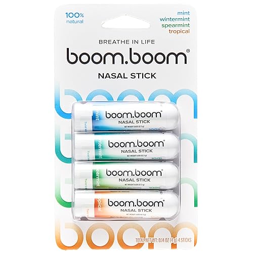 BoomBoom Nasal Stick | Vapor Flow Technology | Cool Refreshing Sensation | Natural Mood Boost | Simple Ingredients | Essential Oils + Menthol Inhaler (Mint, Wintermint, Tropical, Spearmint)