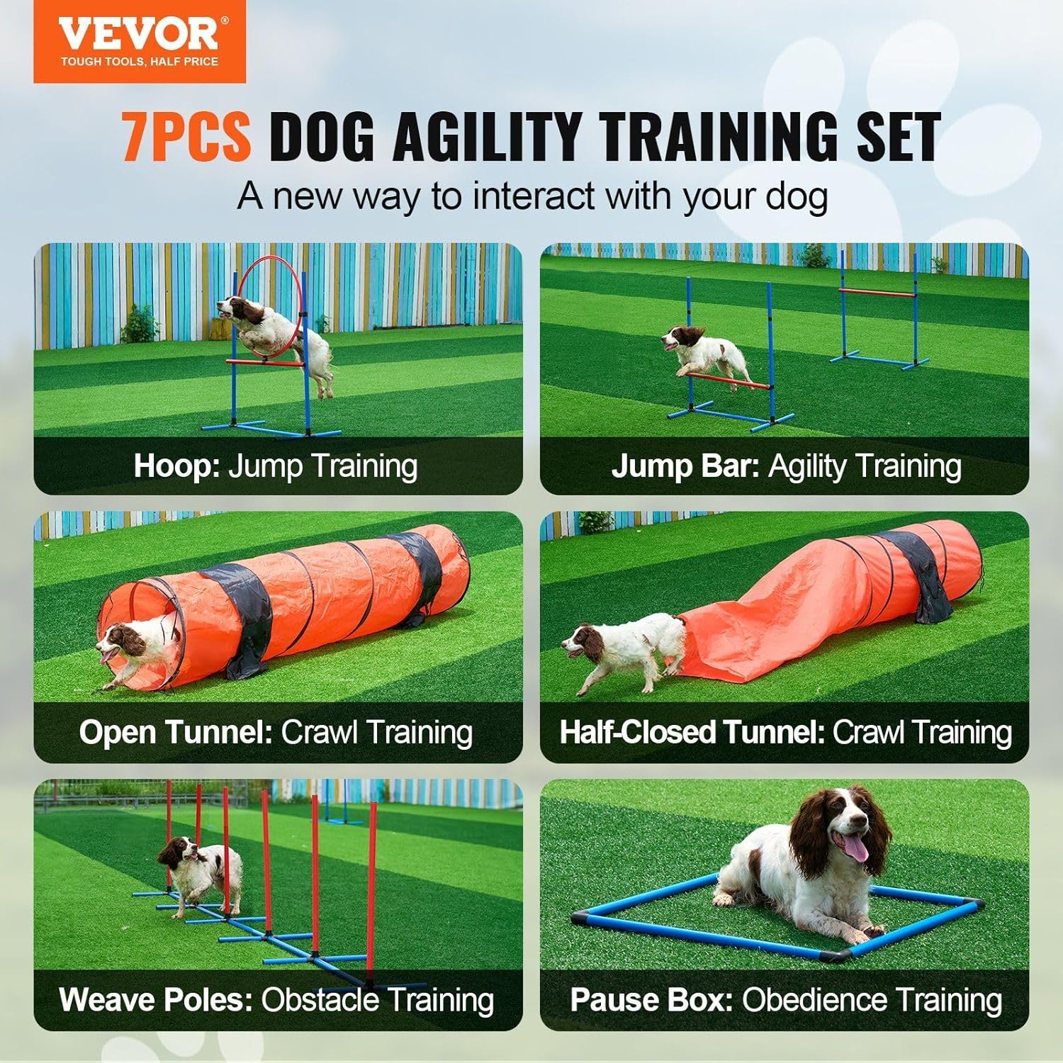 Dog Agility Training Equipment 7 PCS Set Upgrade w/Hurdles 2 Tunnels Ring