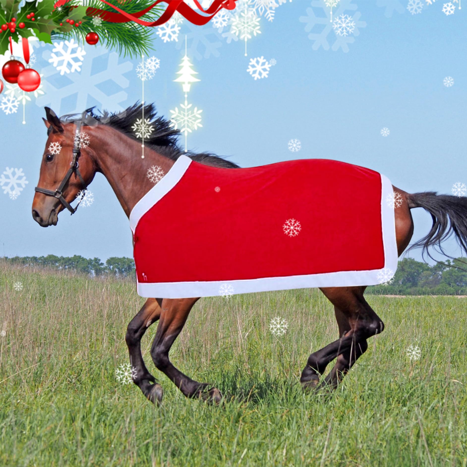 Manta de Caballos de Navidad, Suave vellón de Invierno, Mantas de Caballo cálido, Hojas de Caballos Rojos de Navidad para decoración de Caballos de Navidad