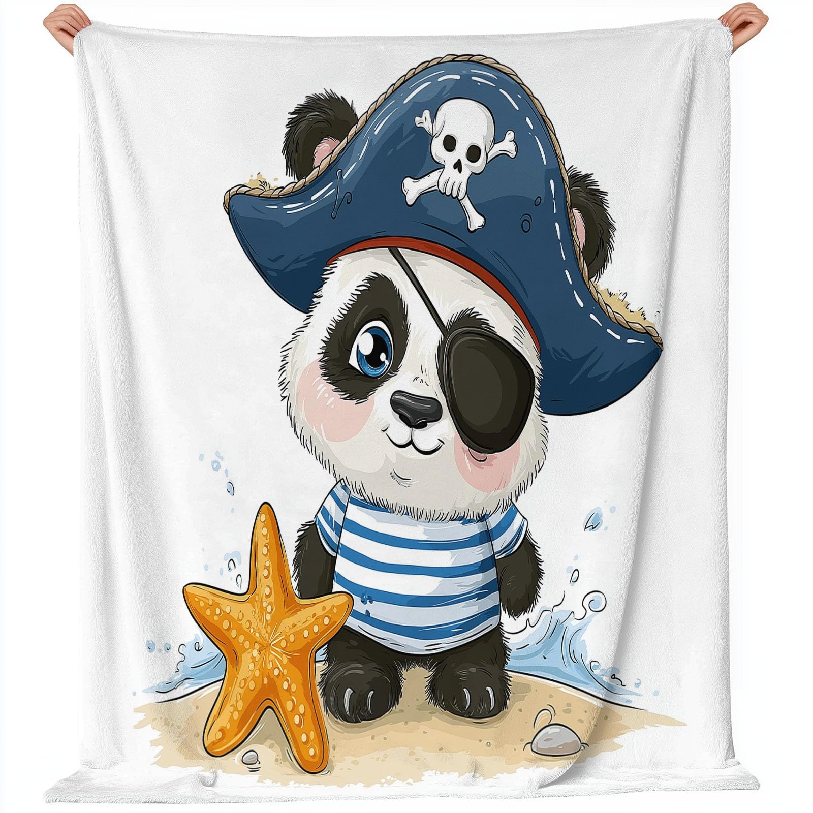 Couverture Plaid Flanelle 150 x 200 cm - Dessin Animé Panda Géant Pirate Thème Léger Doux Couvertures pour Salon canapé Voyage, Blanc imprimé Lavable Décorative