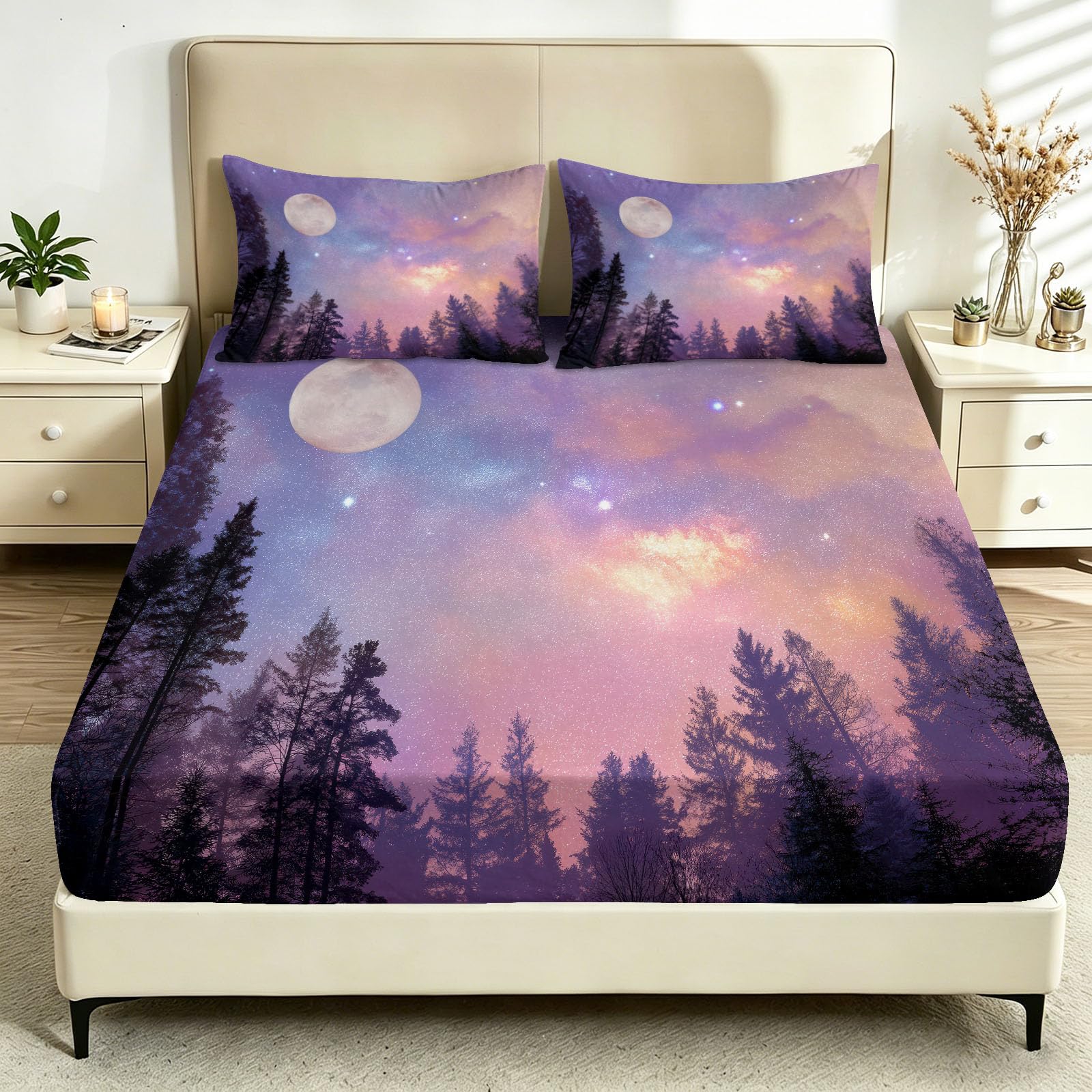 Sábana bajera ajustable multicolor Dream Forest de 150 x 200 cm, fácil cuidado, 30 cm de profundidad, con luna creciente y cielo estrellado, suave, transpirable, cómoda, para colchón King