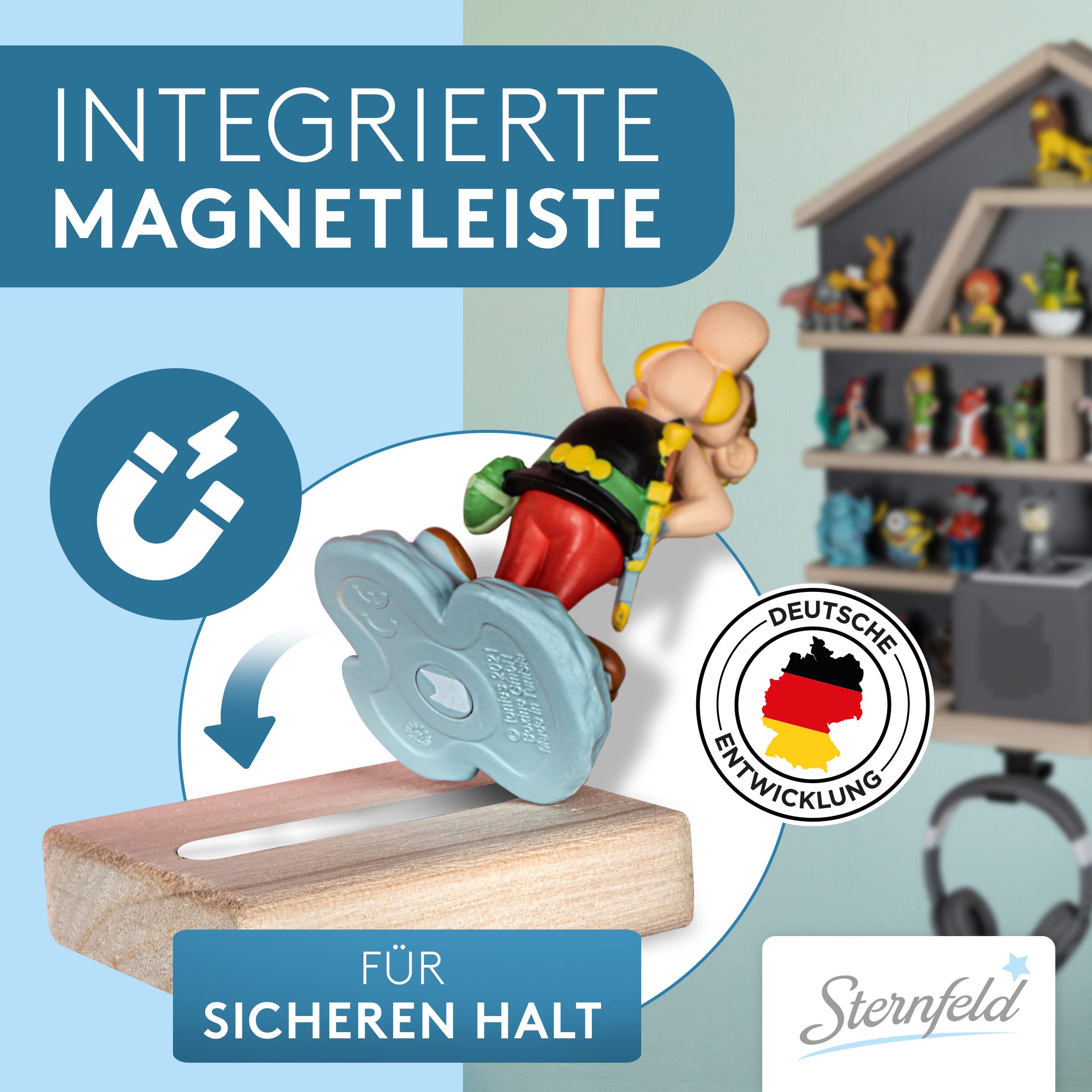STERNFELD Magnetisches Tonie Regal für Toniebox & Tonies Hörfiguren - Vormontiertes Toniebox Regal [60x50cm] - Nachhaltiges Tonies Regal Kinderzimmer - Toni Regal mit abgerundeten Ecken Grau