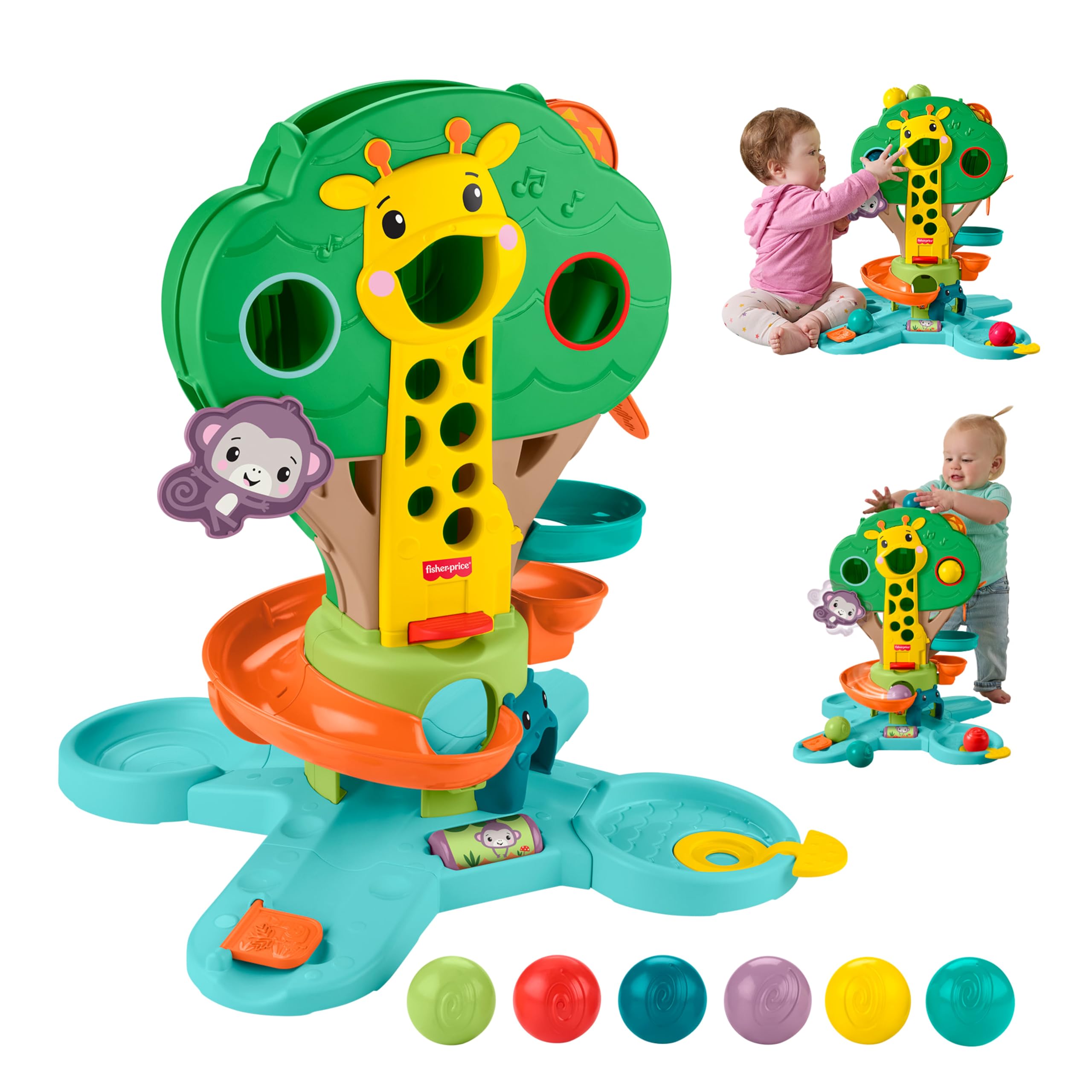 Fisher-Price Sitz-und-Spiel Dschungelbaum Musikspielzeug | Ball-Spielcenter, 6 Bälle, für Babys & Kleinkinder ab 6 Monaten, JPL82