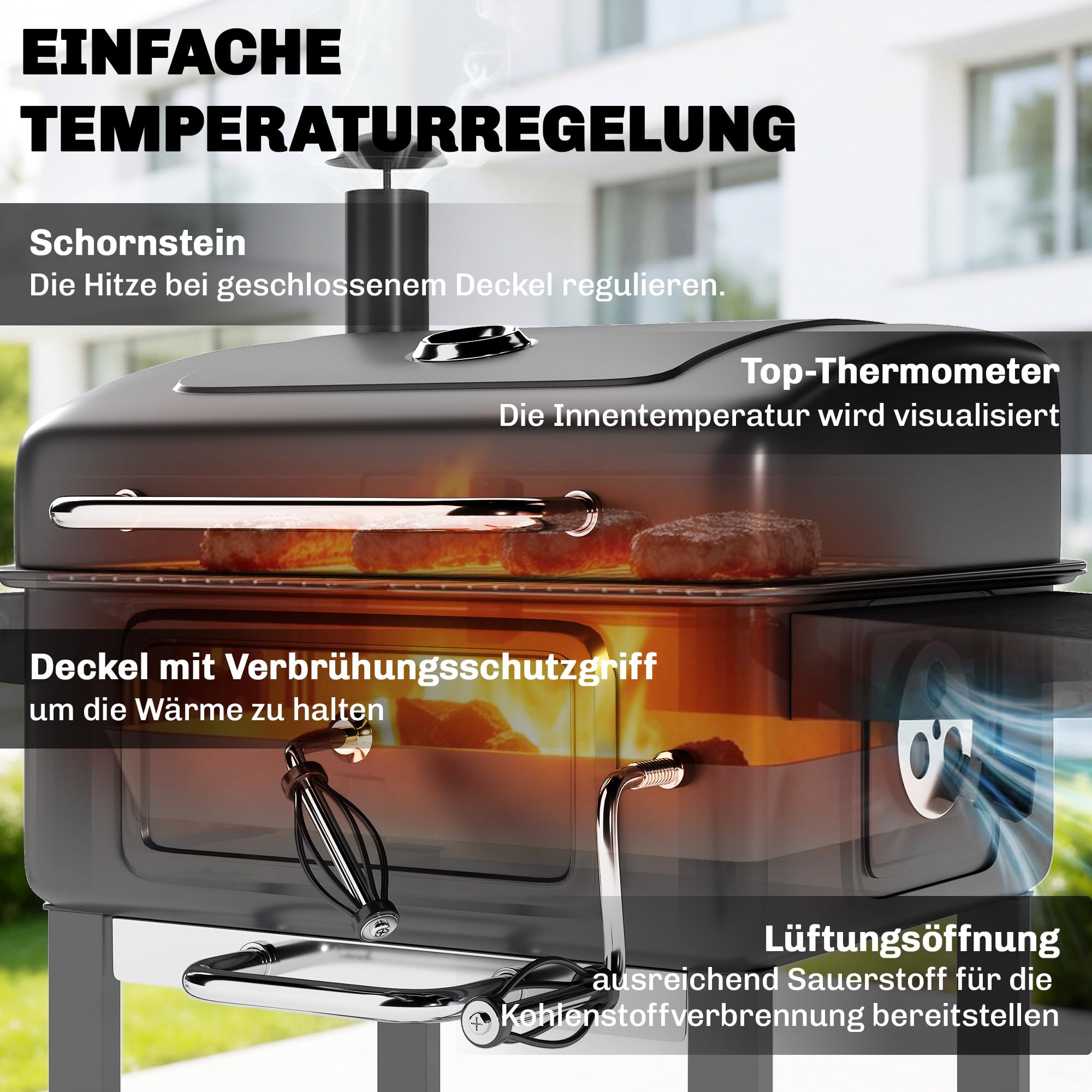 Outsunny Grill węglowy BBQ Smoker z pokrywą, termometrem, regulowaną wysokością węgla, kominem, rusztem, boczną półką i tacką na popiół, grill na kółkach do ogrodu i kempingu