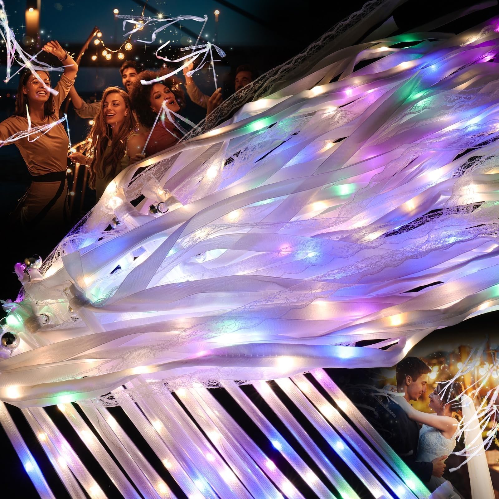 LED Hochzeitswedel – Leuchtende Hochzeitsdeko mit Warmweißem & buntem Licht | mit Bändern und Glöckchen – Wedding Wands Perfekt für Hochzeitsauszug, Partys & Feiern (50)
