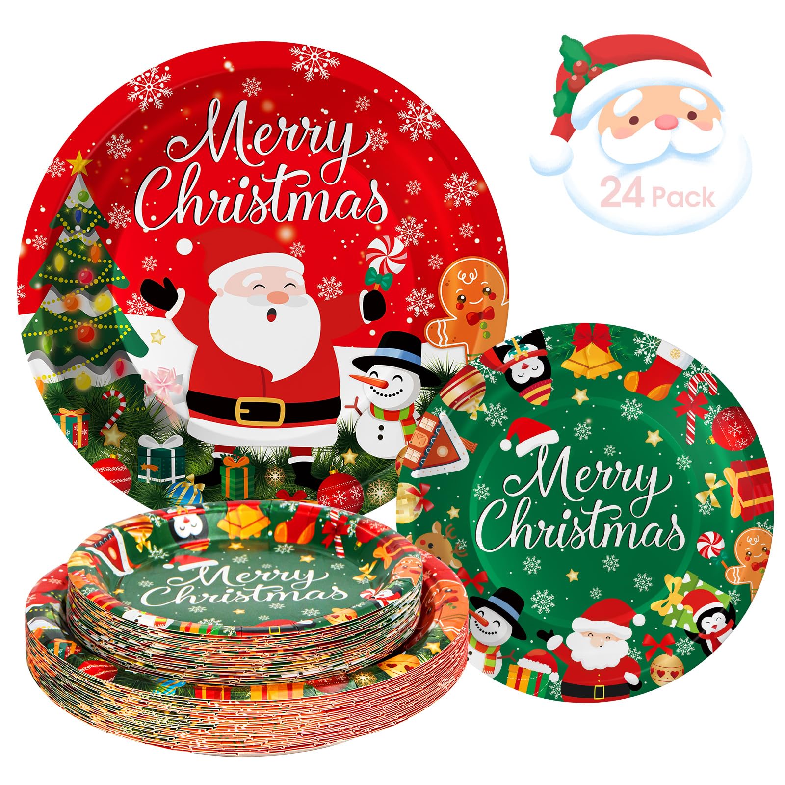 24 Pcs Merry Christmas Paper Plates - Cute Round Christmas Plates, Santa Claus Snowmen Dinner Dessert Plate Disposable Dinnerware Set for Winter