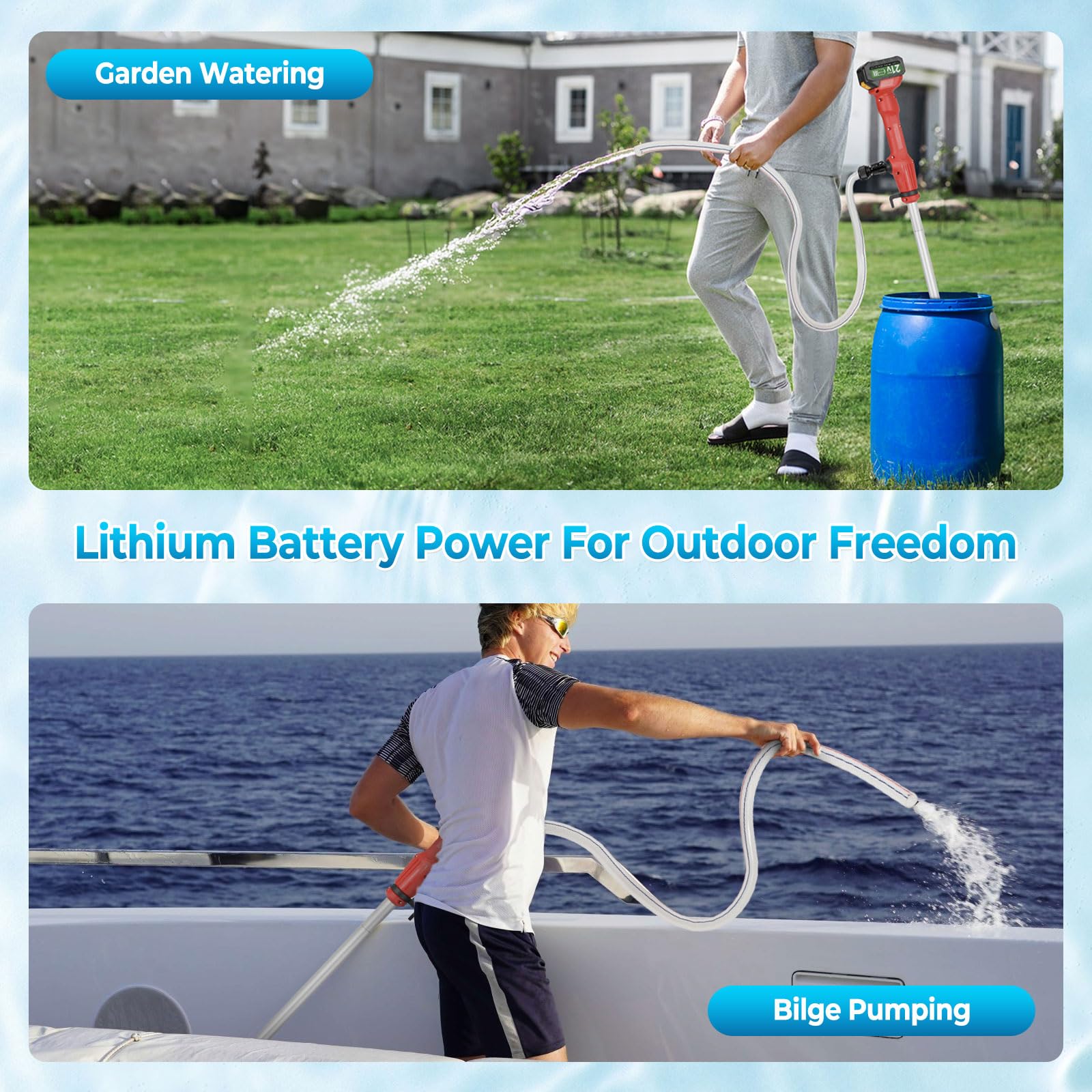 Pompe à eau sans fil à tige, pompe submersible portative pour puits profond, pompe de puisard utilitaire à haut débit 2725 L/h avec 2 × batteries rechargeables de 4,5 Ah pour jardin, étang, bateau