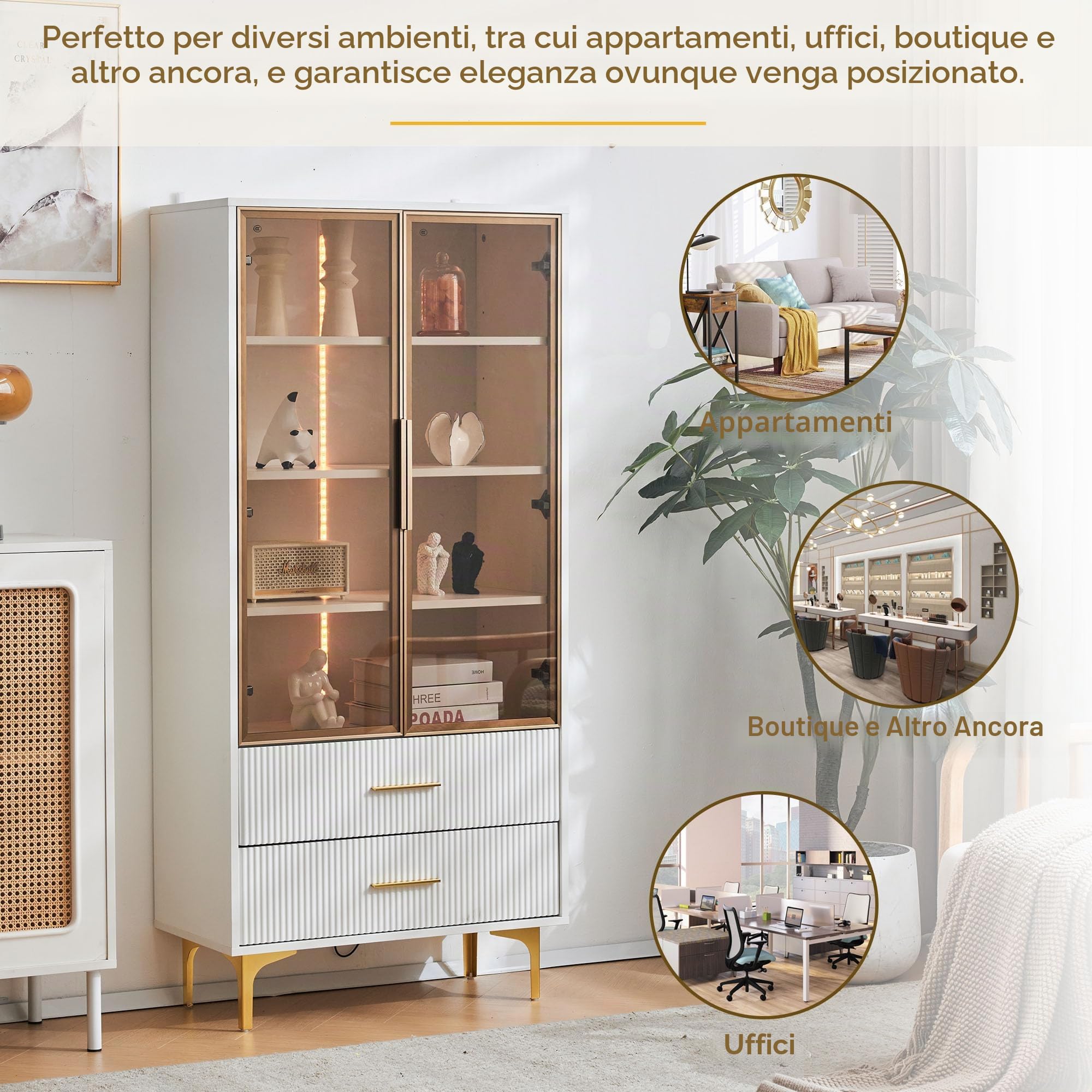 Vetrina bianca con illuminazione a LED, armadietto con porta in vetro e 2 cassetti, in vetro per soggiorno, camera da letto (bianco, 70 x 35 x 150 cm)