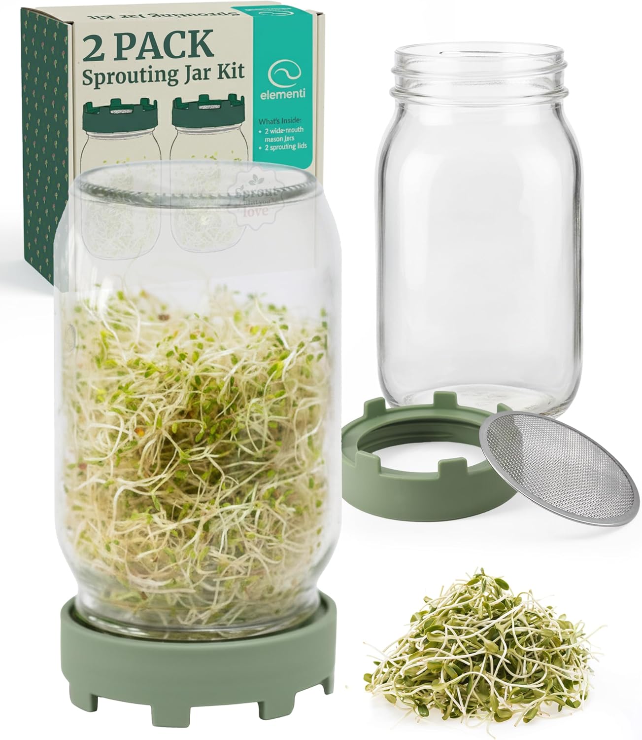 Elementi Sprouting Jar Kit - Set of 2 Wide Mouth Mason Jars with Sprout Lids & Stainless Steel Mesh Screen - Seed Sprouting Kit & Sprout Jars for Growing Broccoli Sprouts, Alfalfa, Mung Bean Sprouter