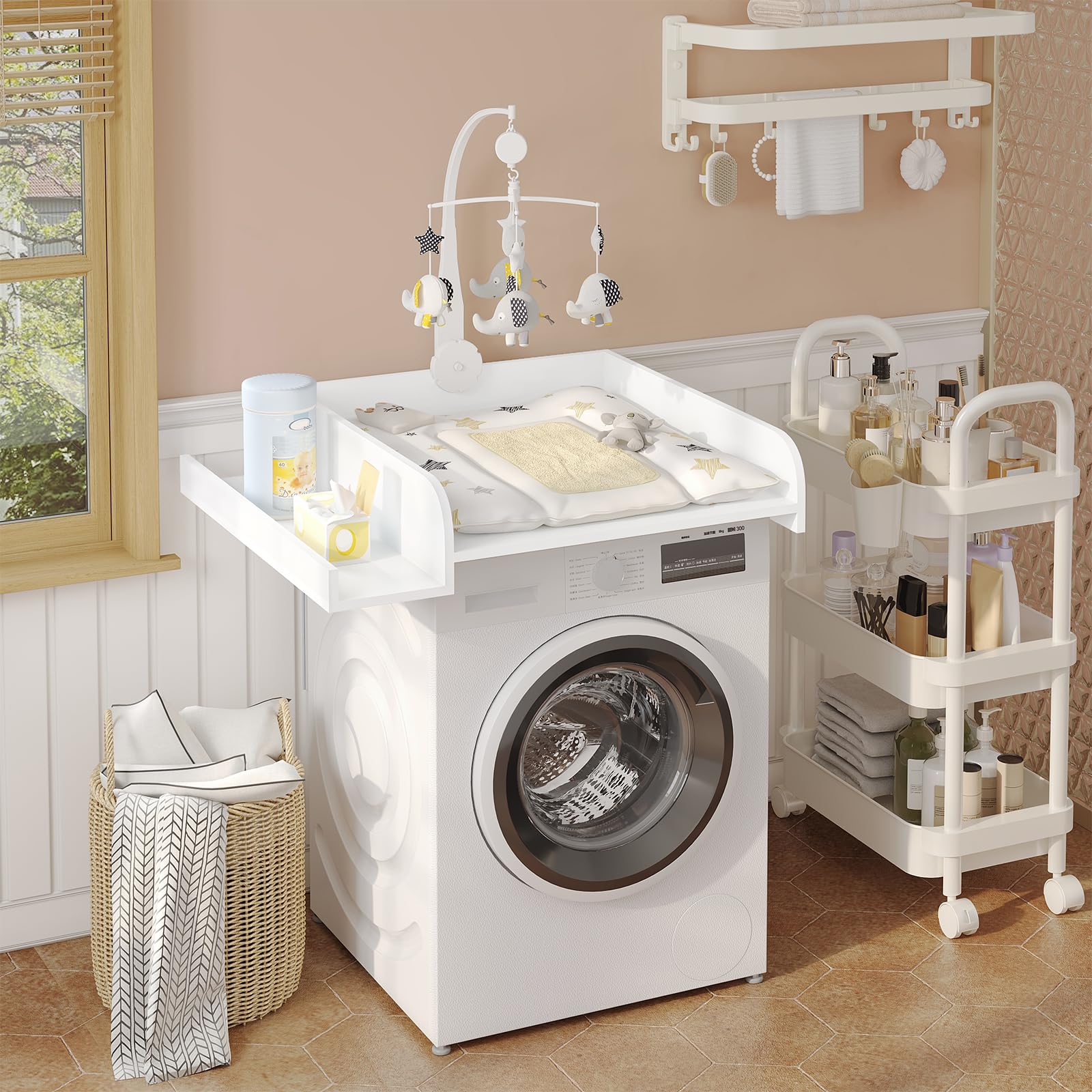 WOLTU Plan à langer pour machine à laver ou sèche-linge, table à langer bébé avec rebord de protection et étagère de rangement, 80 x 70 x 16,5 cm, blanc