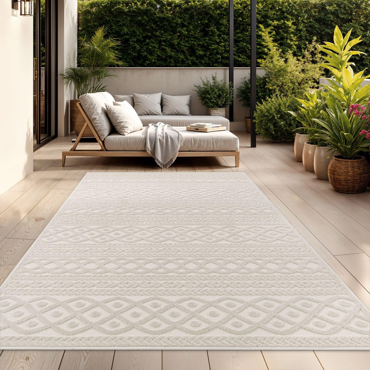 TT Home Tapis D'Intérieur Et D'Extérieur Résistant Aux Intempéries Balcon Chambre À Coucher Motif Boho Skandi Aspect Géométrique, Couleur:Crème 4, Dimension:160x230 cm