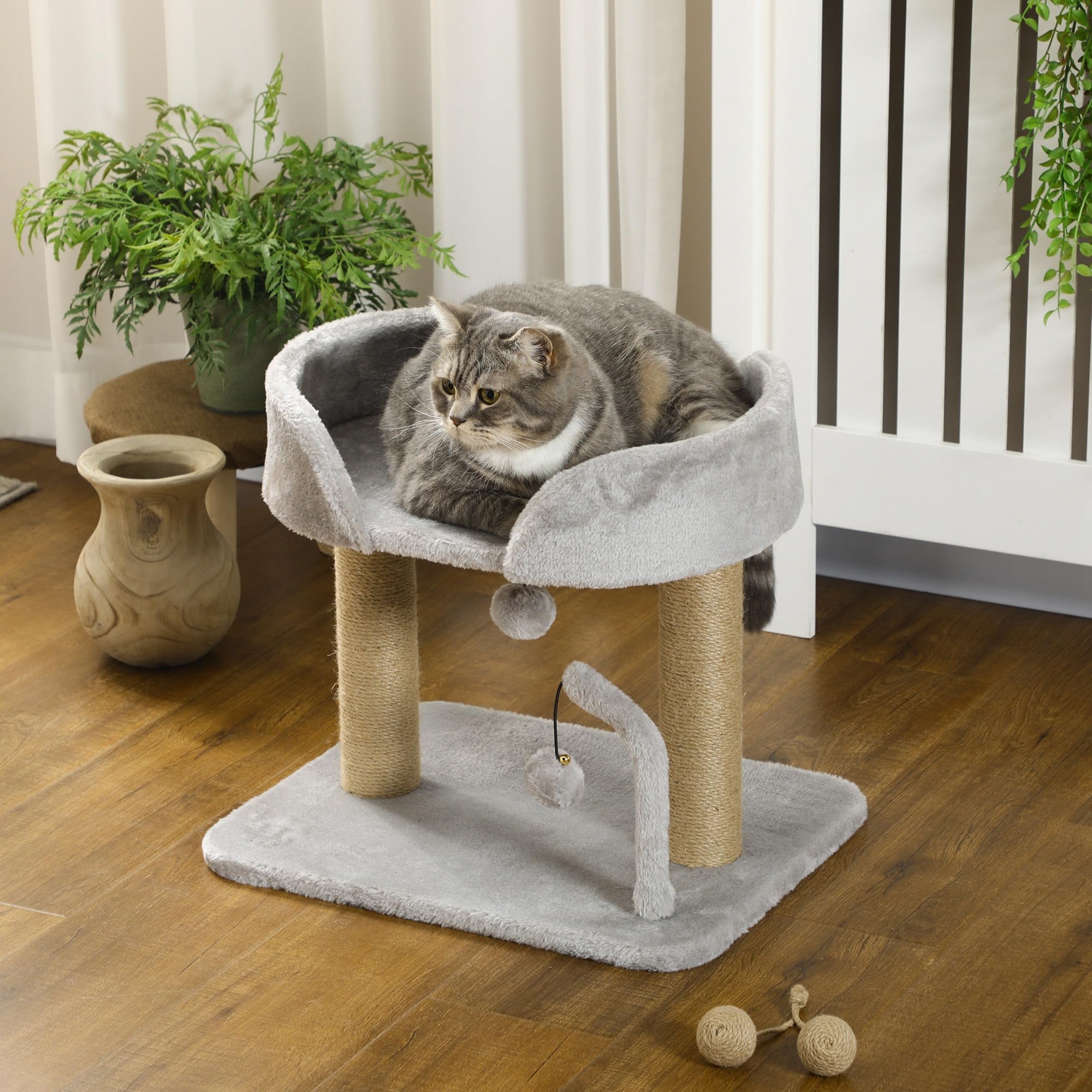 PawHut Árbol Rascador para Gatos Pequeños Altura 42 cm Árbol para Gatos con Nido Bolas Colgantes y Postes de Sisal 48x38x42 cm Gris Claro