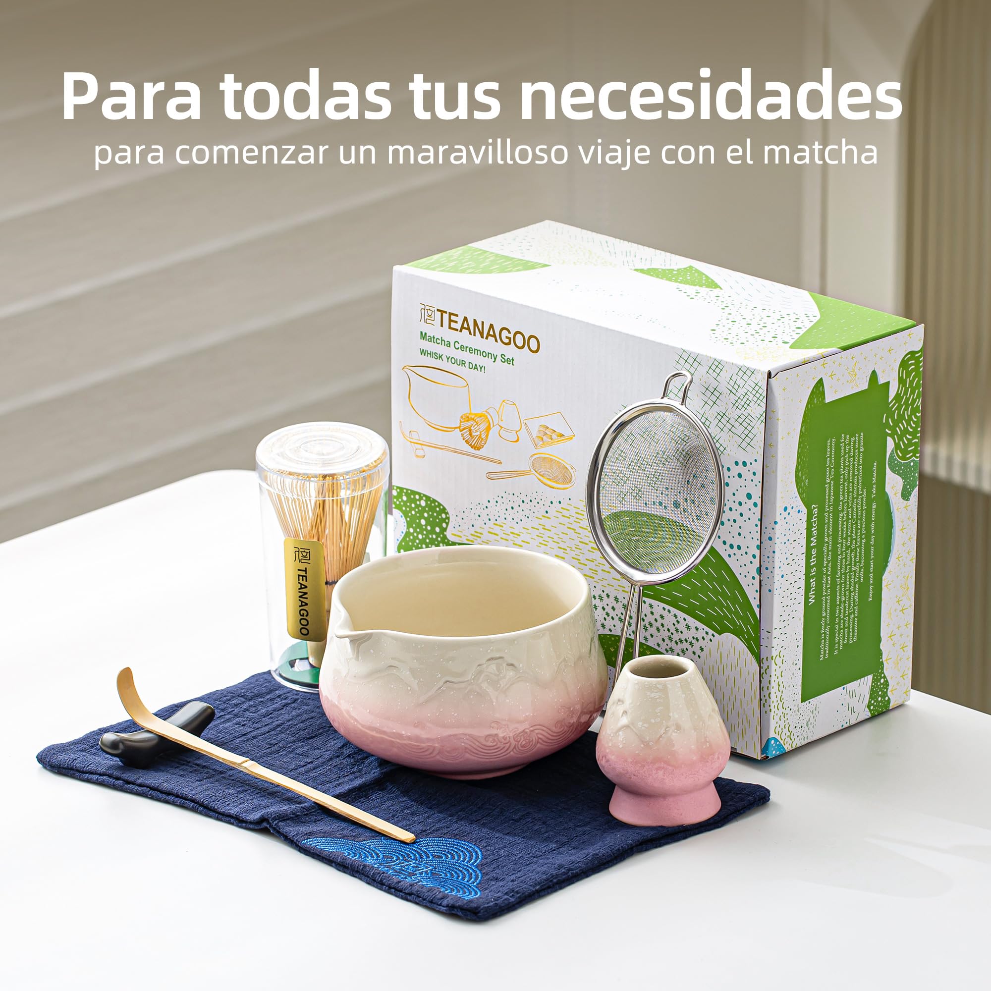 TEANAGOO Te Matcha Kit, Matcha Kit 7 piezas de Batidor con Pico Vertedor, Set de Regalo de Matcha para la Ceremonia del Té, juego de té matcha para hacer café con leche(Gradiente Rosa)