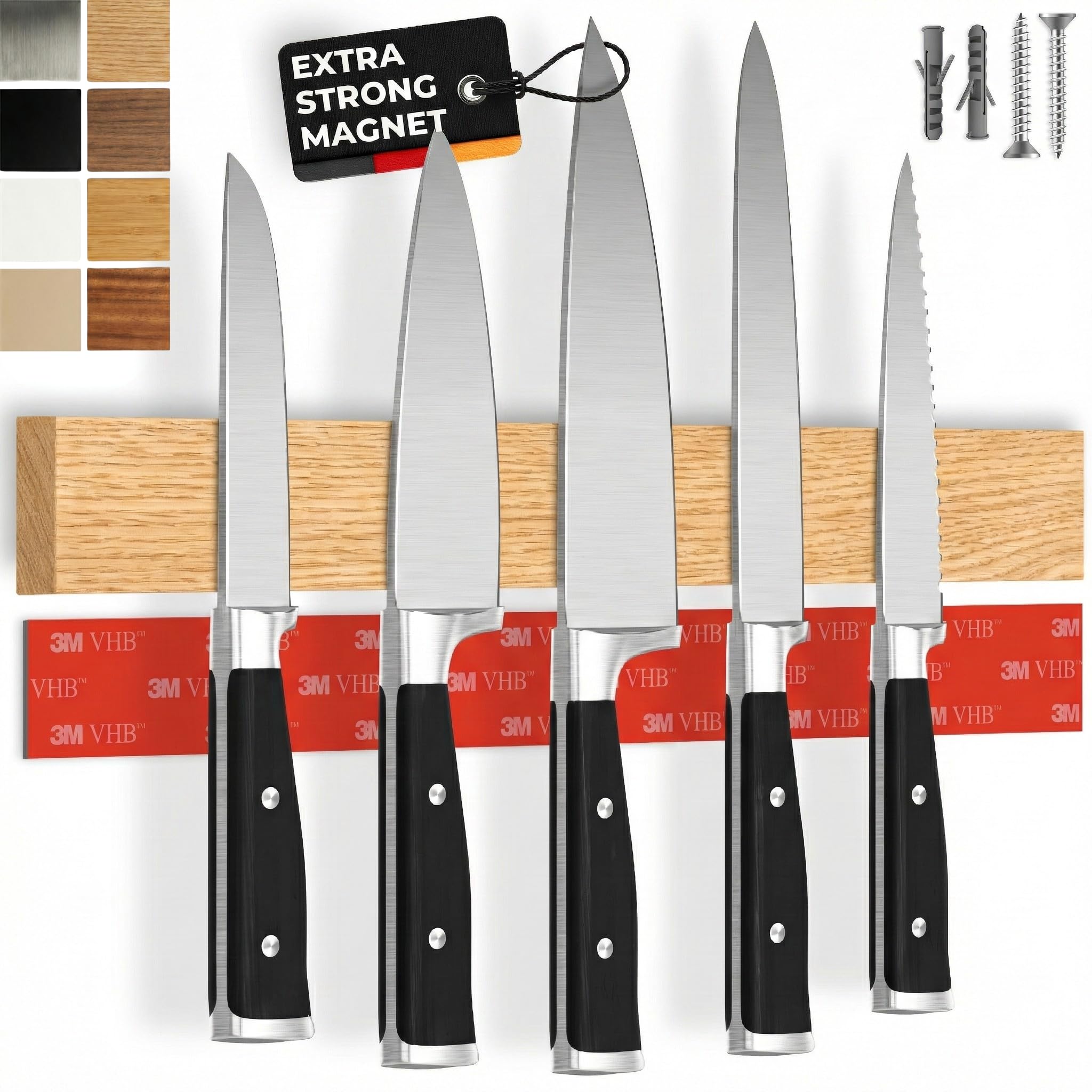 CUCINO Self-Adhesive Magnetic Knife Strip – Comparison Winner with Extra-Strong Magnet – Easy Installation with 3M Adhesive Tape, No Drilling, Oak, 40 cm