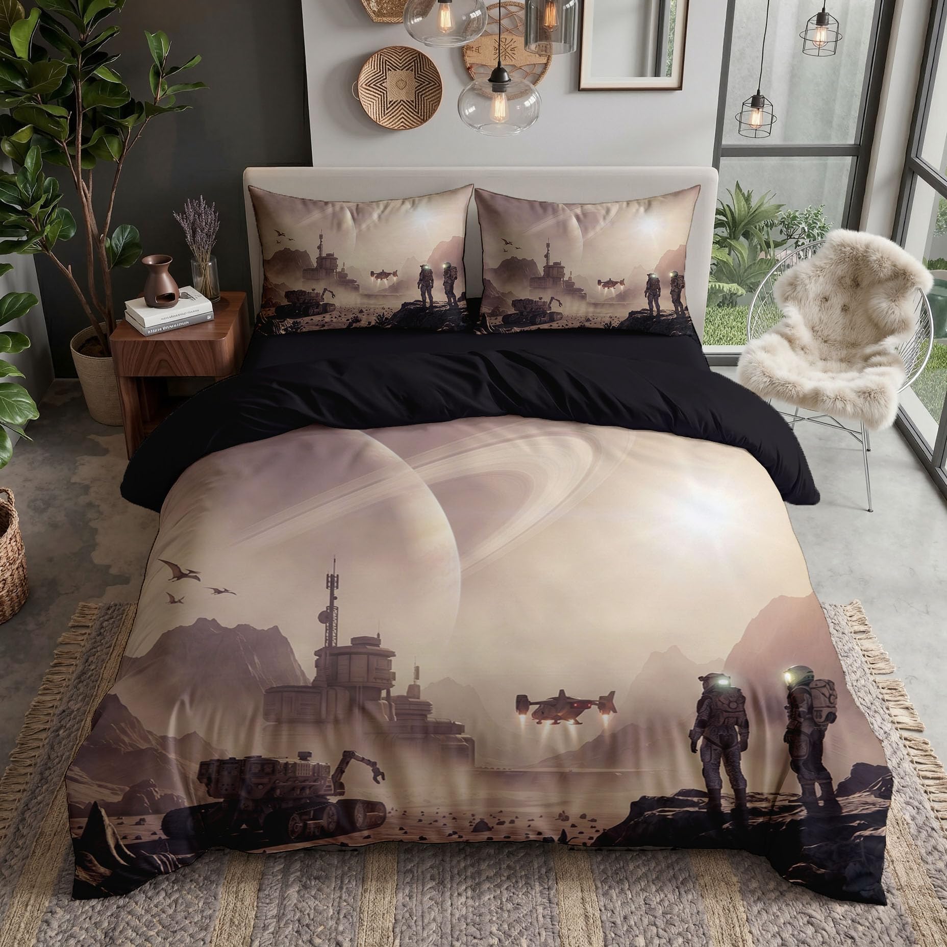 Parure couette avec fermeture éclair motif science-fiction 200x200cm réversible beige