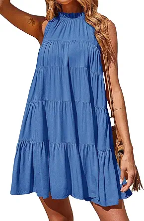 Okiwam Womens Summer Halter Dresses Sleeveless A Line Tiered Swing Mini 2025 Fall Casual Boho Beach Vacation Sundress