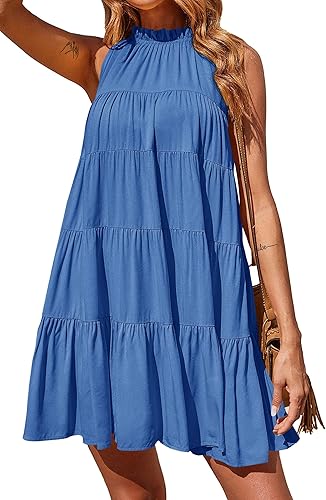 Okiwam Womens Summer Halter Dresses Sleeveless A Line Tiered Swing Mini 2025 Fall Casual Boho Beach Vacation Sundress