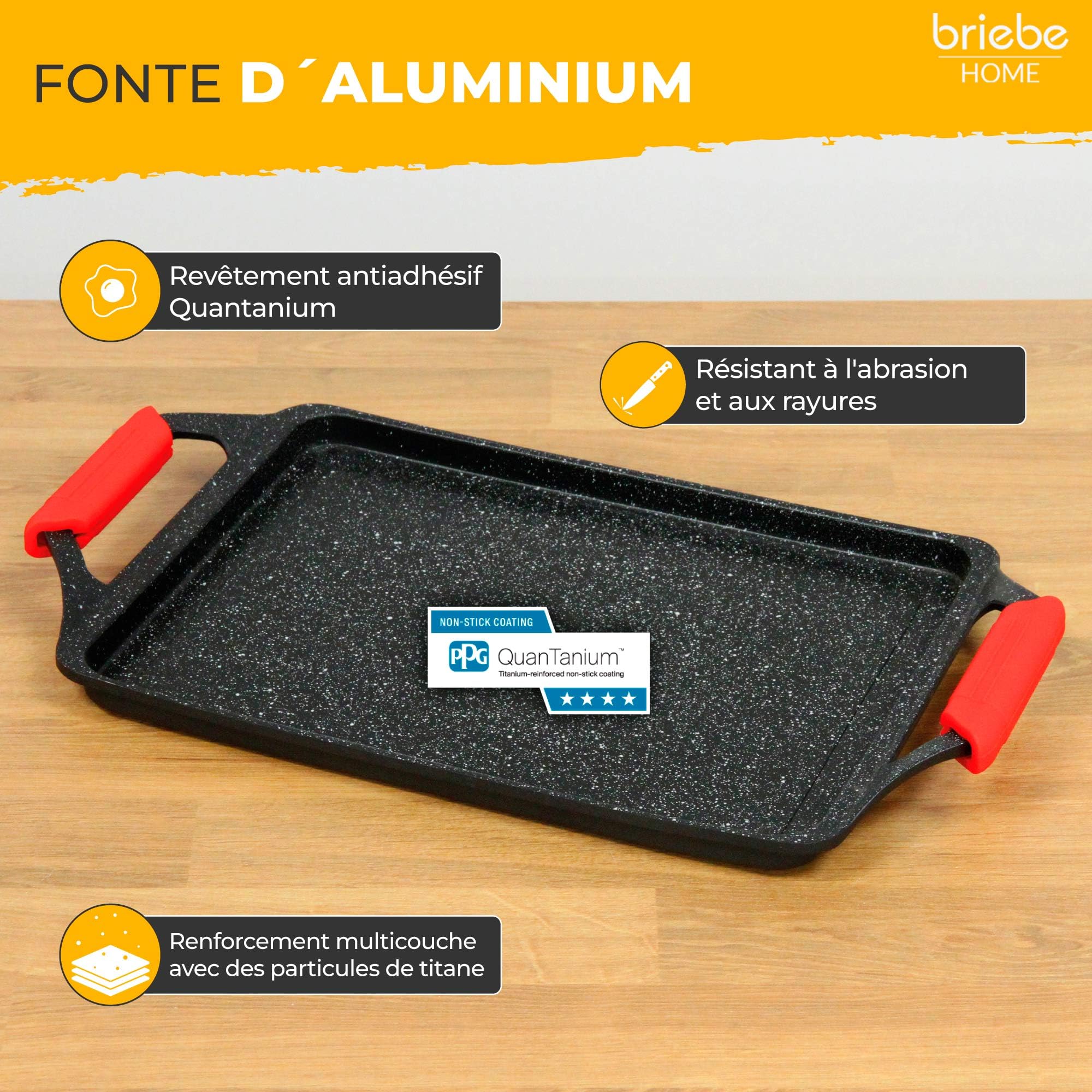 Grill à Rayures Briebe 24x24cm - Anti-adhésif Titane - Induction - Manche Pliable - Sans PFOA
