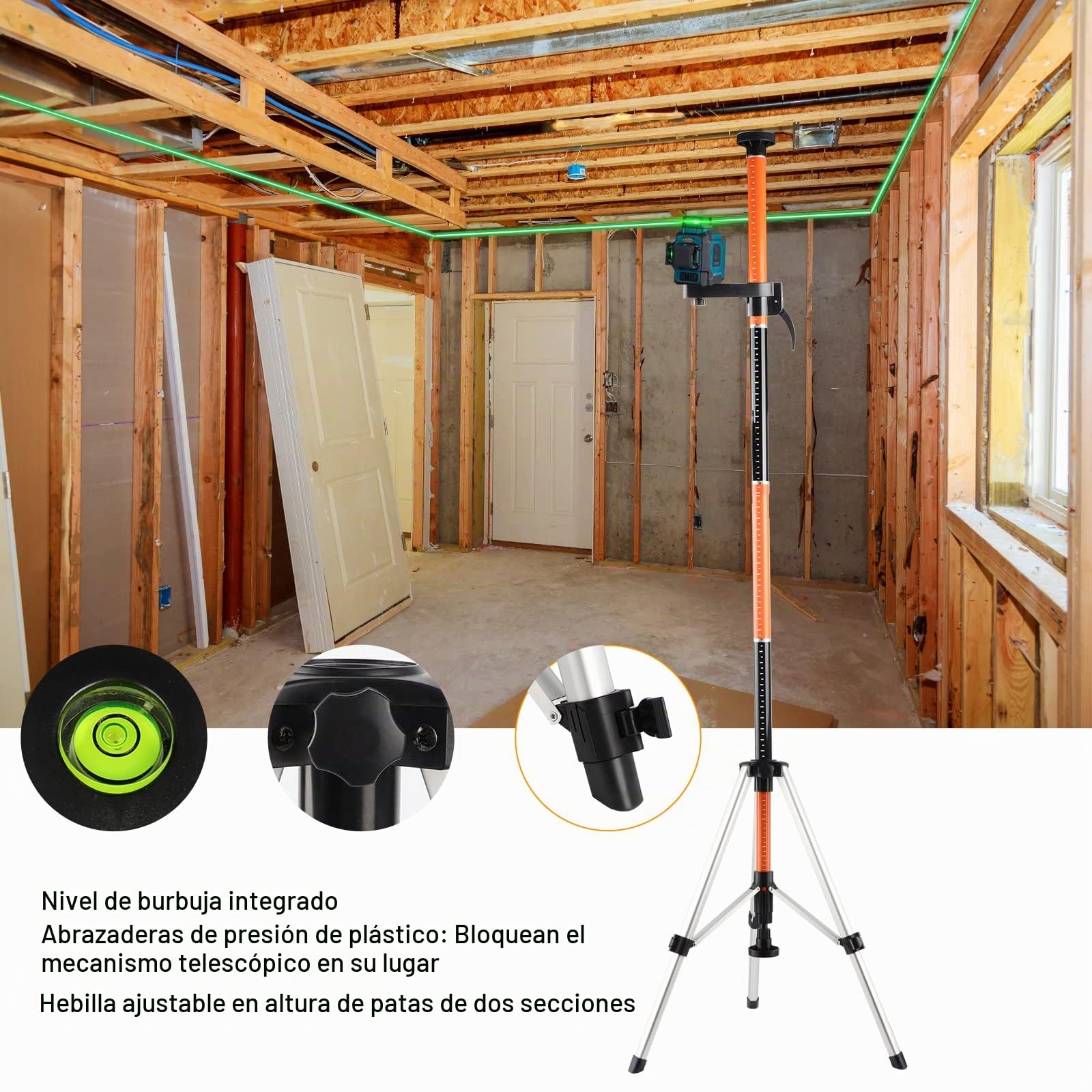 KEZERS Poste de nivel láser ajustable de 12 pies/3,7 m con trípode, Poste de montaje láser de 1/4”-20 pulgadas para niveles láser giratorios y de línea, poste láser con adaptador roscado de 5/8"-11
